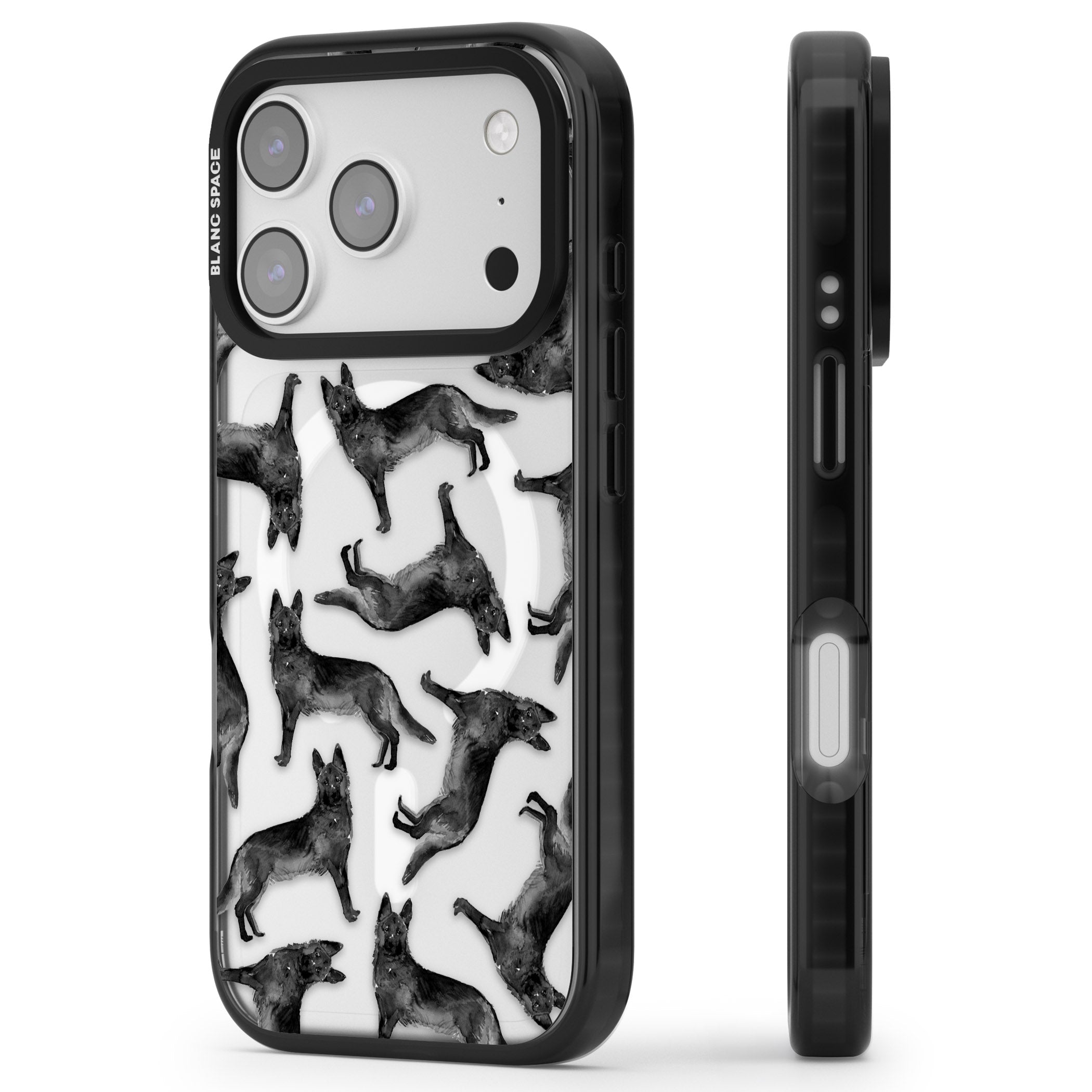 German Shepherd Pattern Black iPhone 17 Pro Impact Pro Black Phone Case Side Profile