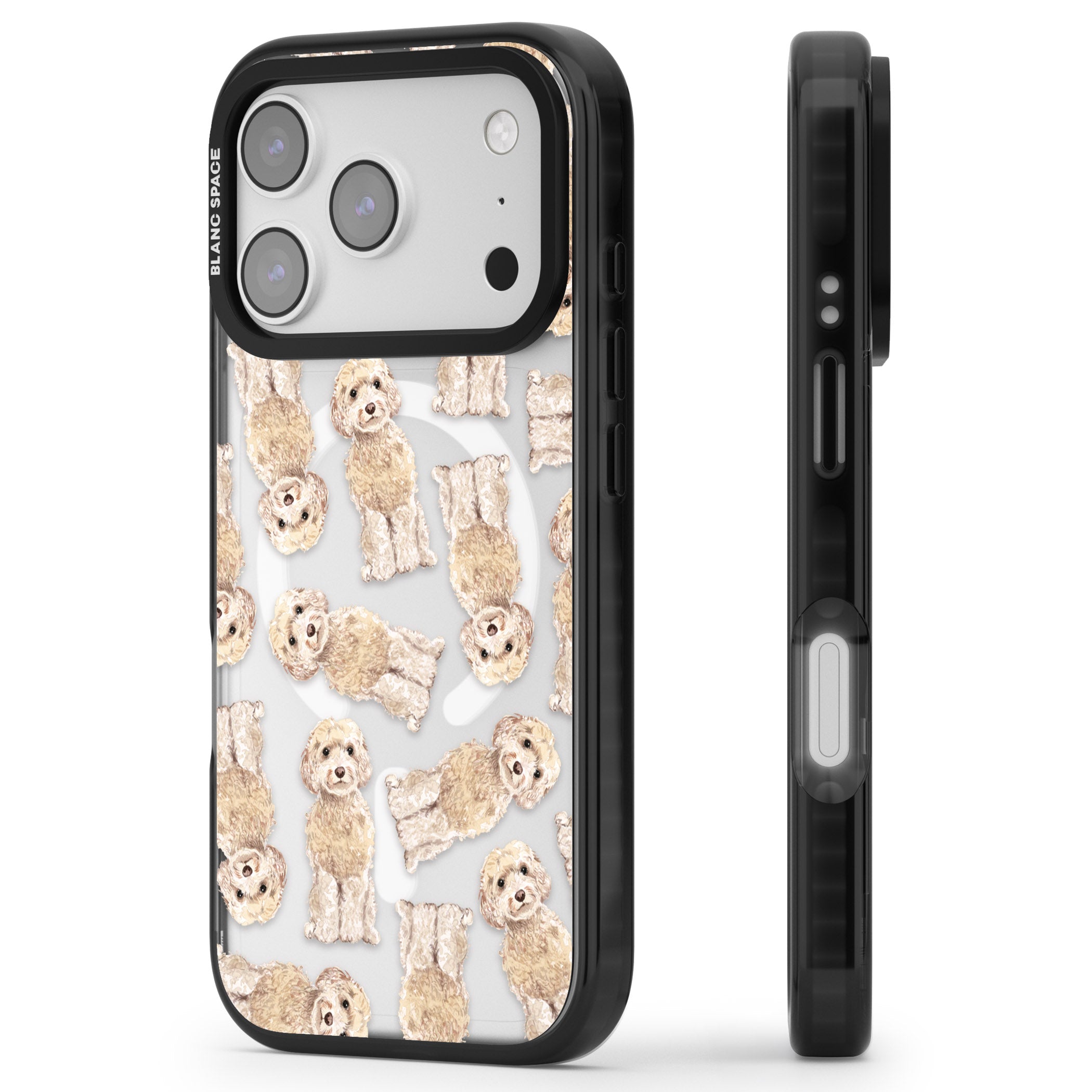 Cockapoo Patterned iPhone 17 Pro Impact Pro Black Phone Case Side Profile