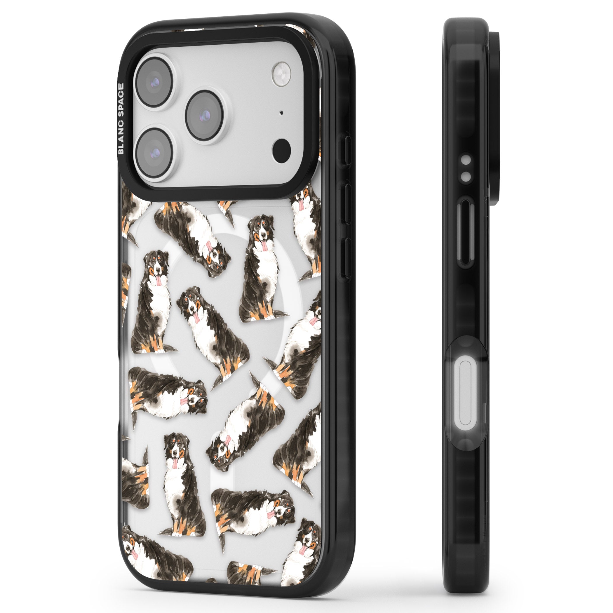 Bernese Mountain Dog Pattern iPhone 17 Pro Impact Pro Black Phone Case Side Profile