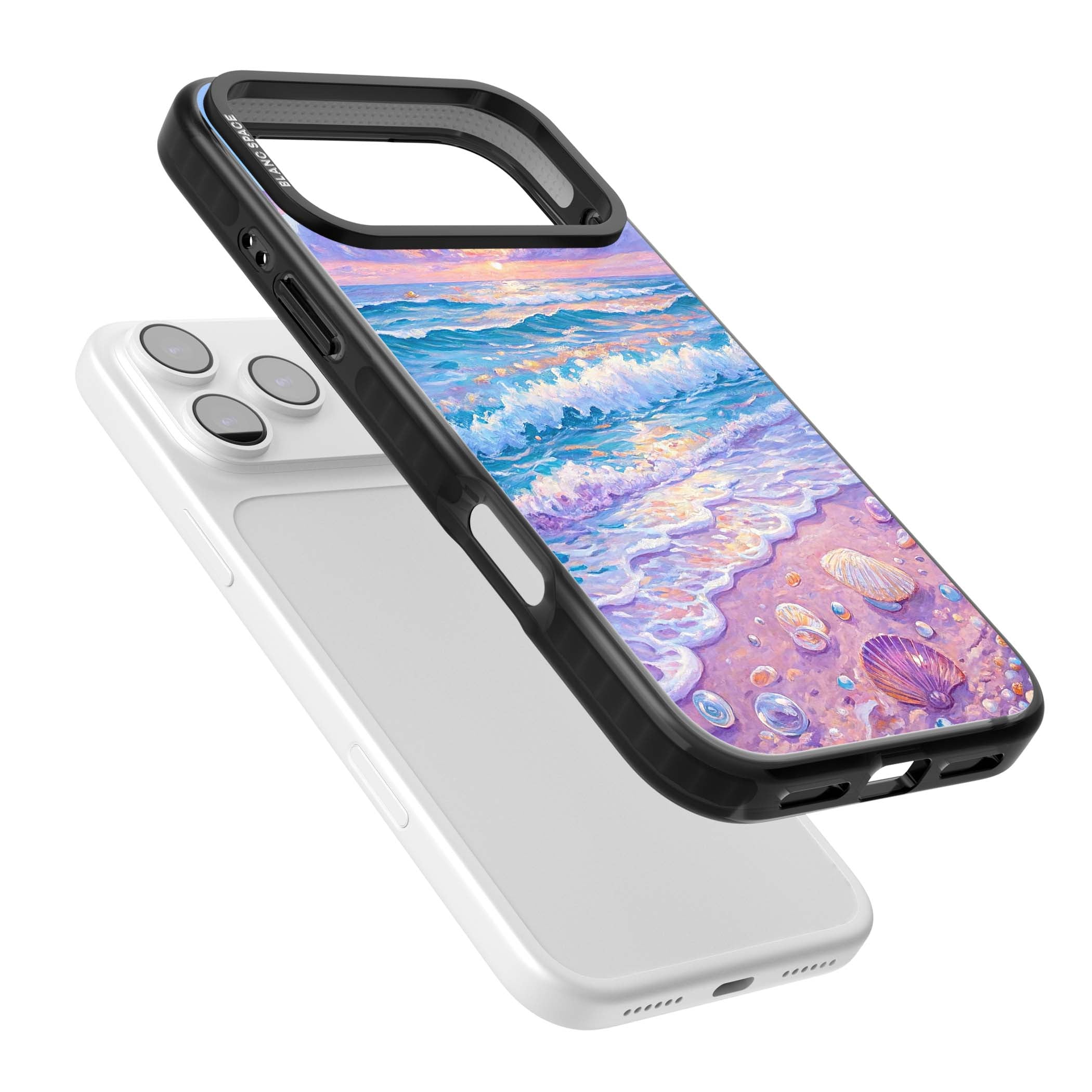 Pearl Shore coastal iPhone case featuring pastel painted waves, seashells, and a sunrise sky over a lavender beach. | Black Impact Magsafe case for iPhone 17 Pro, iPhone 17 Pro Max