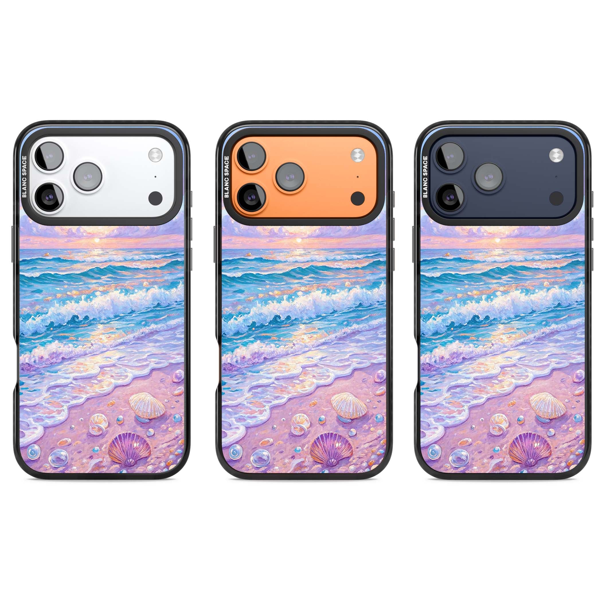 Pearl Shore coastal iPhone case featuring pastel painted waves, seashells, and a sunrise sky over a lavender beach. | Black Impact Magsafe case for iPhone 17 Pro, iPhone 17 Pro Max