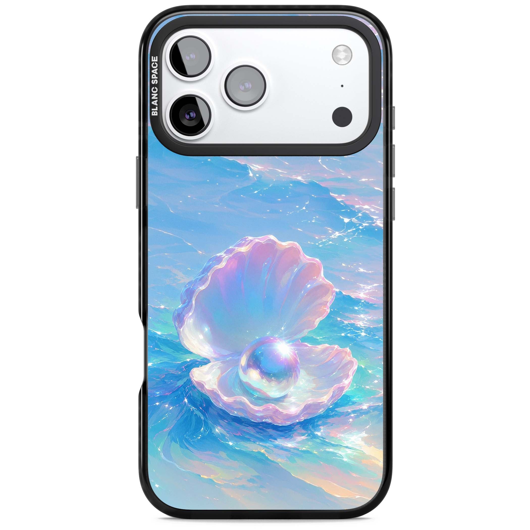 The Pearl Clam mermaidcore iPhone case featuring iridescent seashell, glowing pearl and pastel ocean waves | Black Impact Magsafe case for iPhone 17 Pro, iPhone 17 Pro Max