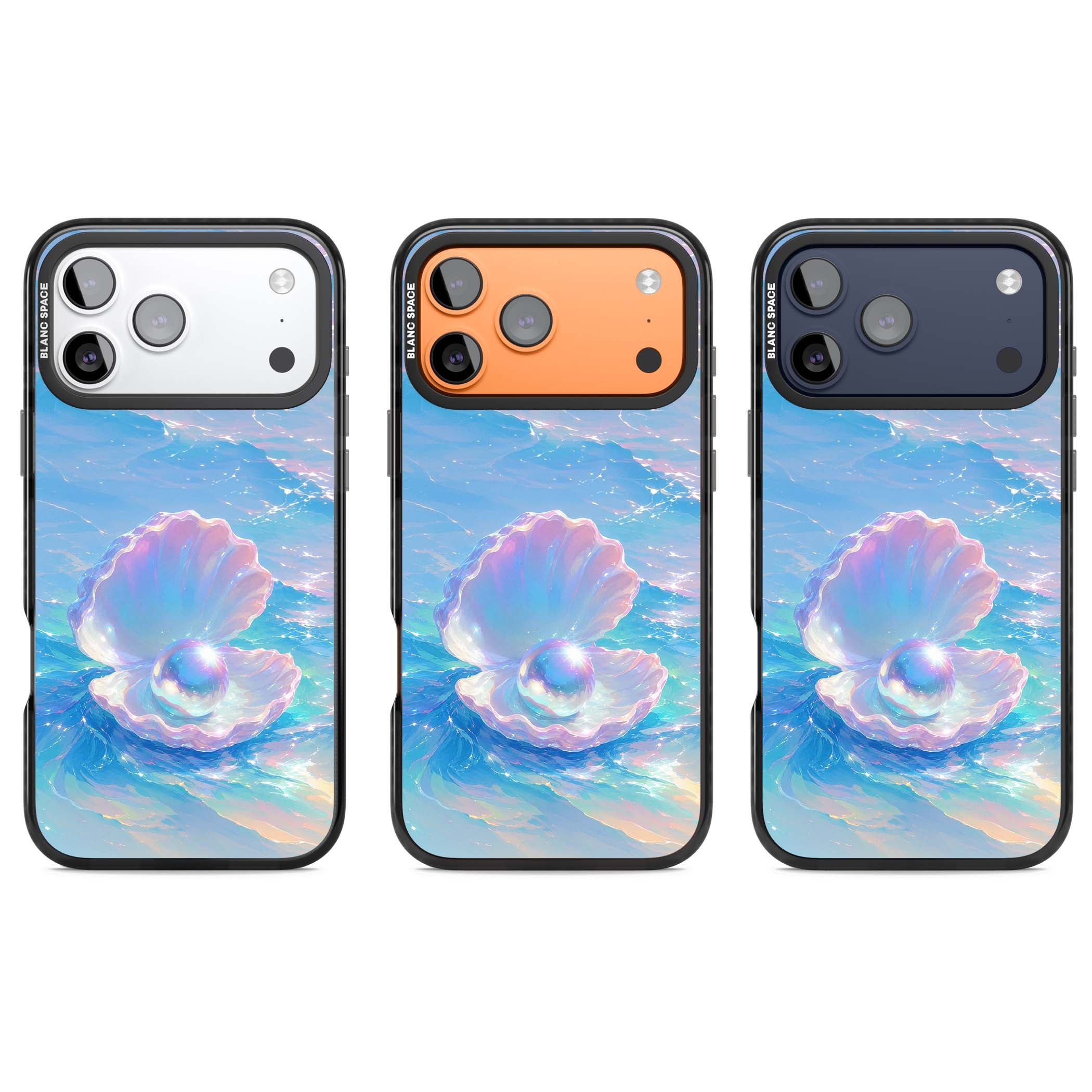 The Pearl Clam mermaidcore iPhone case featuring iridescent seashell, glowing pearl and pastel ocean waves | Black Impact Magsafe case for iPhone 17 Pro, iPhone 17 Pro Max