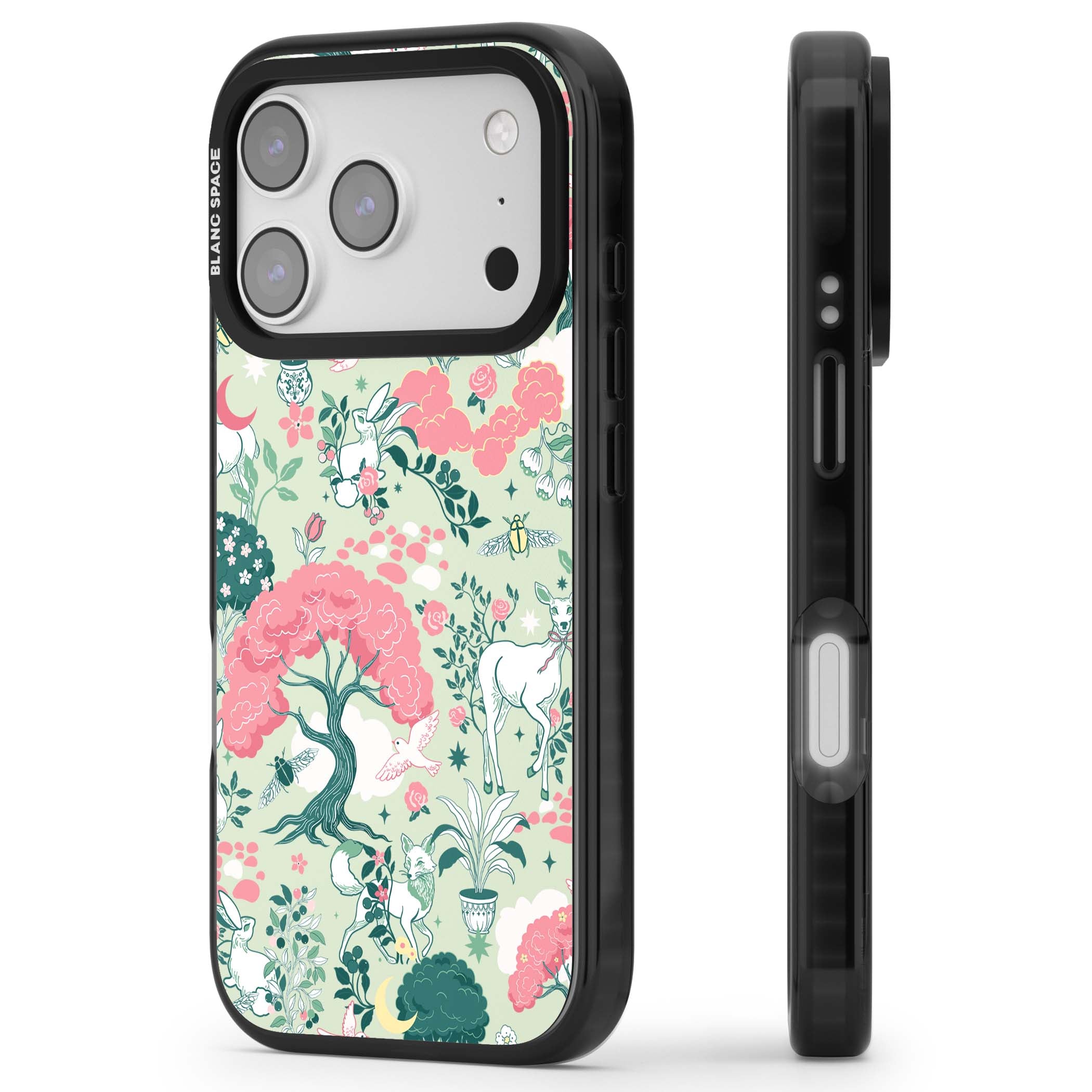 Enchanted Woodland cottagecore iPhone case featuring white deer, pink roses, mushrooms and woodland animals on sage green | Black Impact Magsafe case for iPhone 17 Pro, iPhone 17 Pro Max