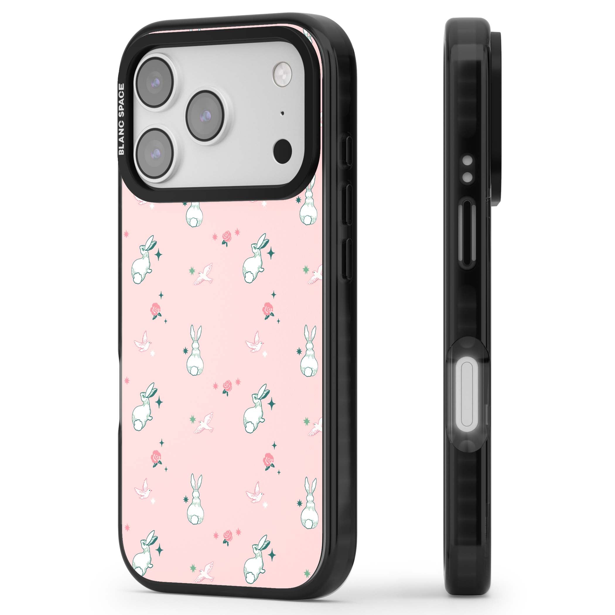 Bunny Garden kawaii iPhone case featuring white rabbits, pink roses, doves and stars on pink background | Black Impact Magsafe case for iPhone 17 Pro, iPhone 17 Pro Max