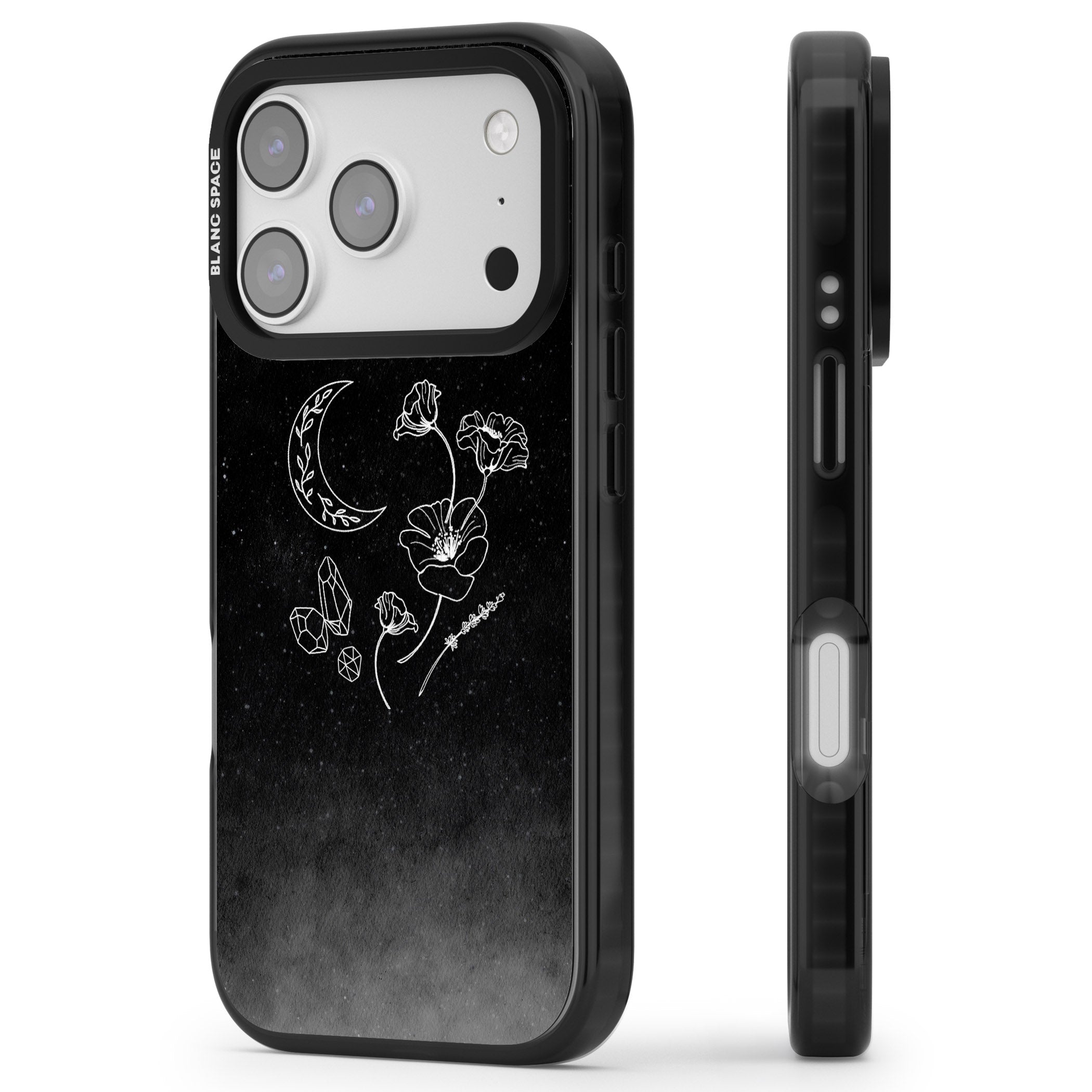 Midnight Moon Botanic iPhone 17 Pro Impact Pro Black Phone Case Side Profile
