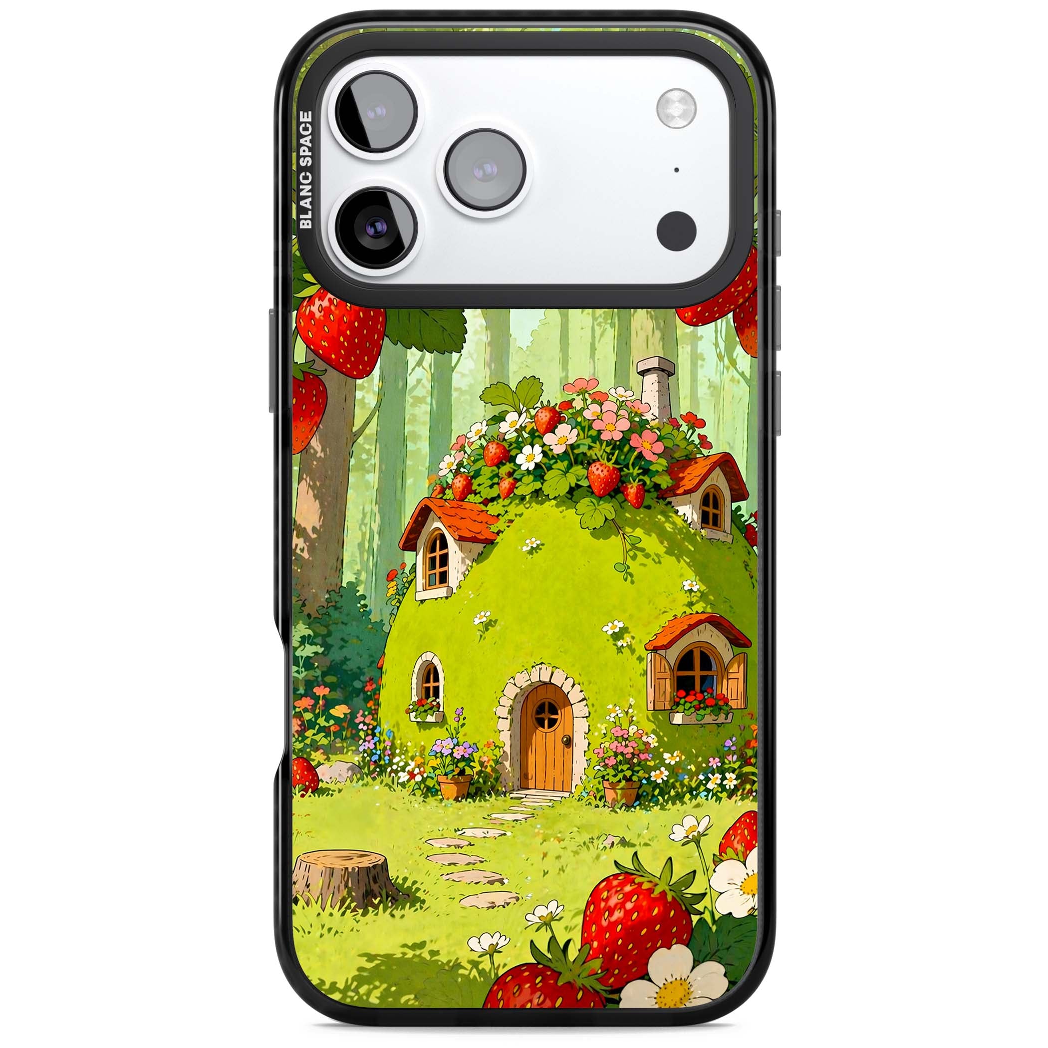 Strawberry Cottage cottagecore iPhone case featuring a green fairy house, wild strawberries and enchanted forest flowers | Black Impact Magsafe case for iPhone 17 Pro, iPhone 17 Pro Max
