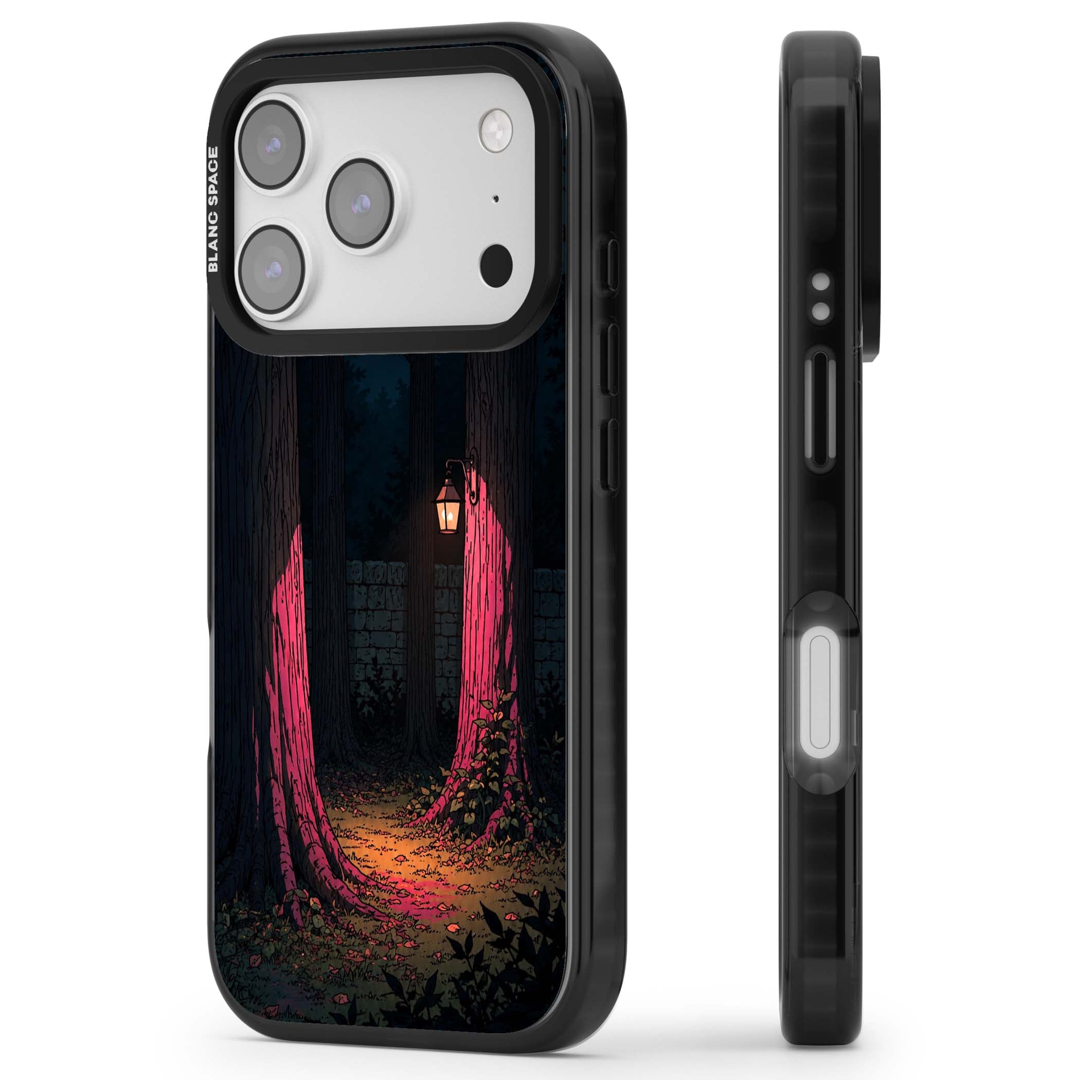 Forest Lantern dark academia iPhone case featuring a moonlit forest, glowing lantern, and stone wall pathway | Black Impact Magsafe case for iPhone 17 Pro, iPhone 17 Pro Max