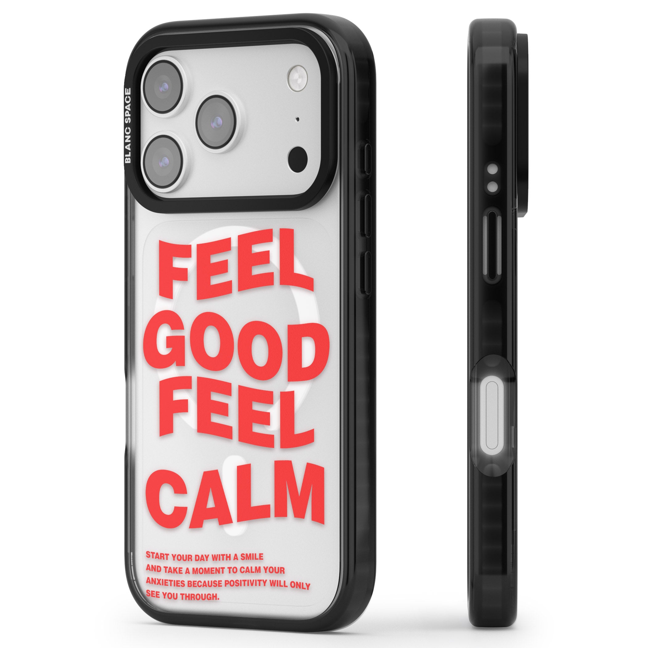 Feel Good Feel Calm (Red) iPhone 17 Pro Max Impact Pro Black Phone Case Side Profile