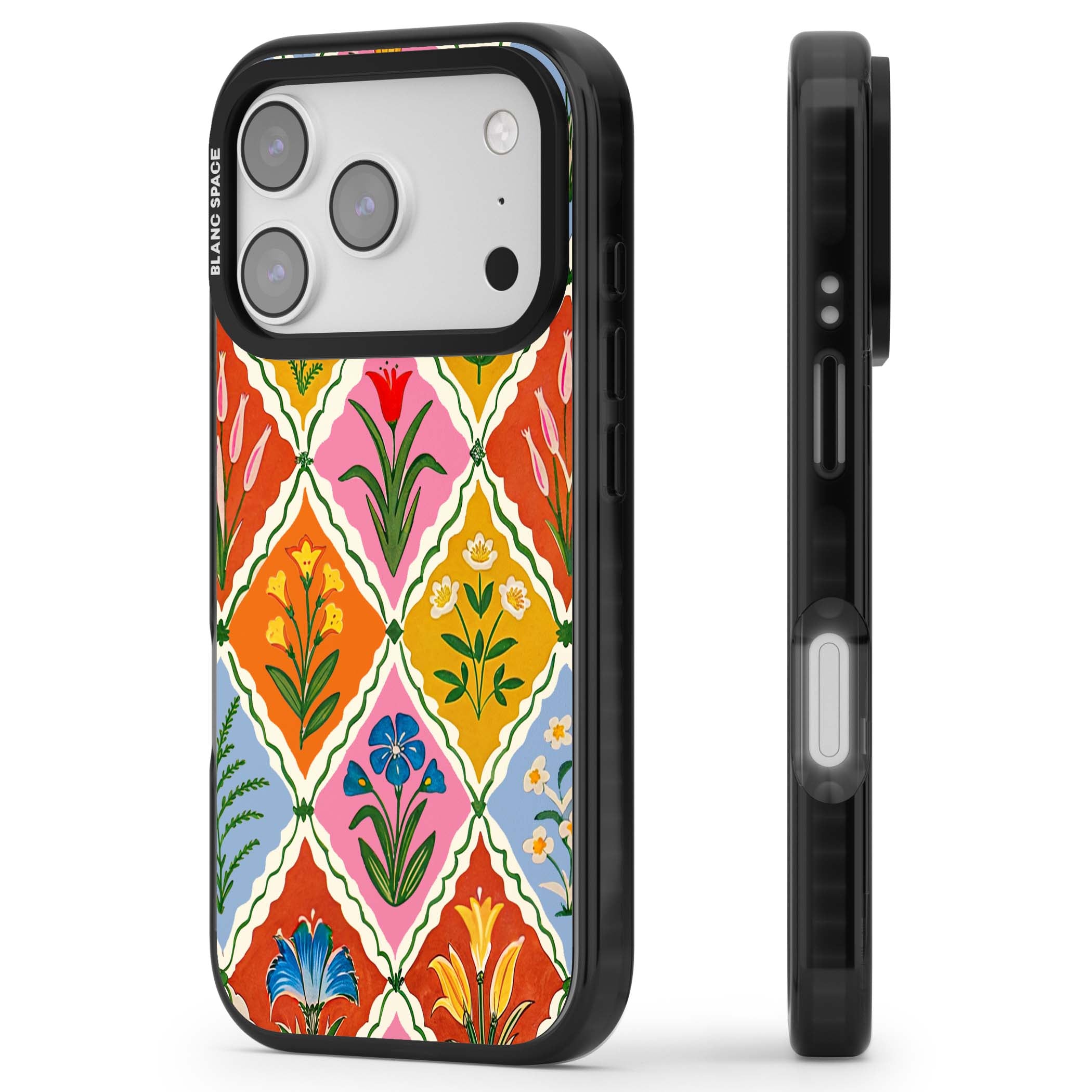 Floral Quilt boho floral iPhone case featuring diamond lattice pattern, hand-painted tulips and folk art wildflowers | Black Impact Magsafe case for iPhone 17 Pro, iPhone 17 Pro Max
