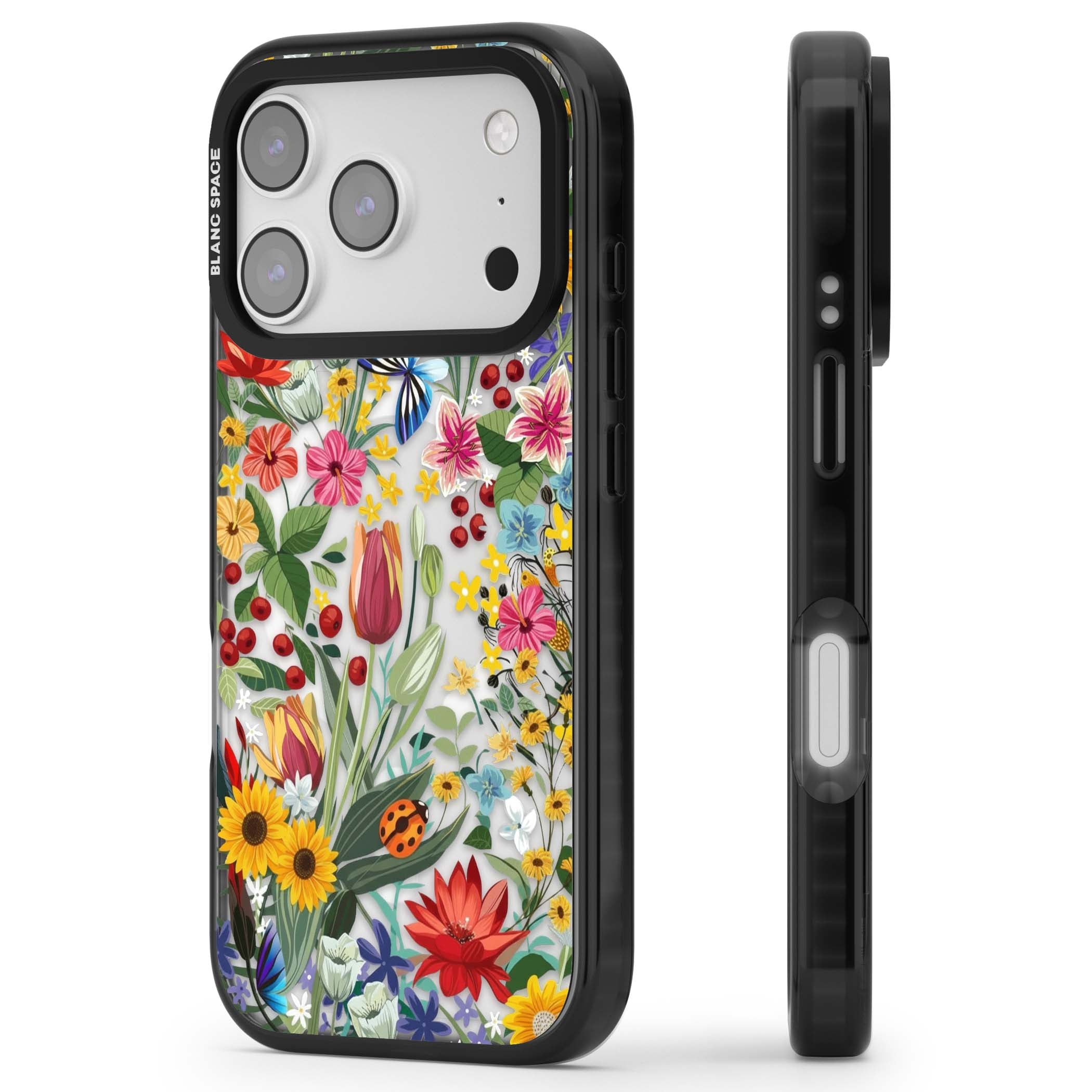 Botanical Bloom cottagecore iPhone case featuring colorful wildflowers, sunflowers, and ladybugs on clear background | Black Impact Magsafe case for iPhone 17 Pro, iPhone 17 Pro Max