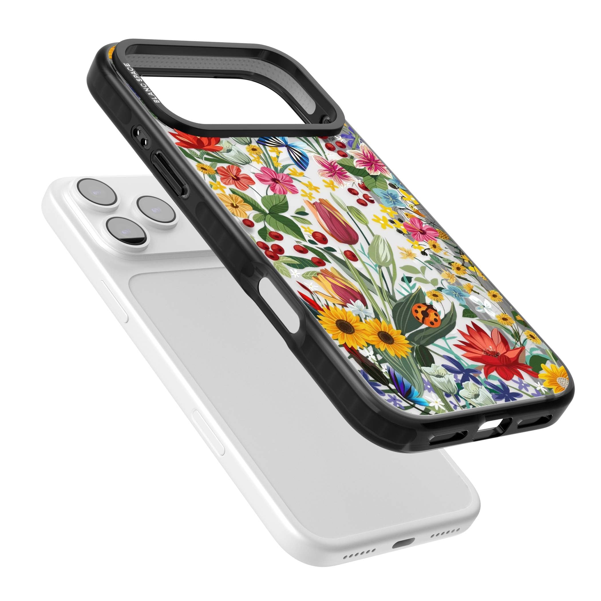 Botanical Bloom cottagecore iPhone case featuring colorful wildflowers, sunflowers, and ladybugs on clear background | Black Impact Magsafe case for iPhone 17 Pro, iPhone 17 Pro Max