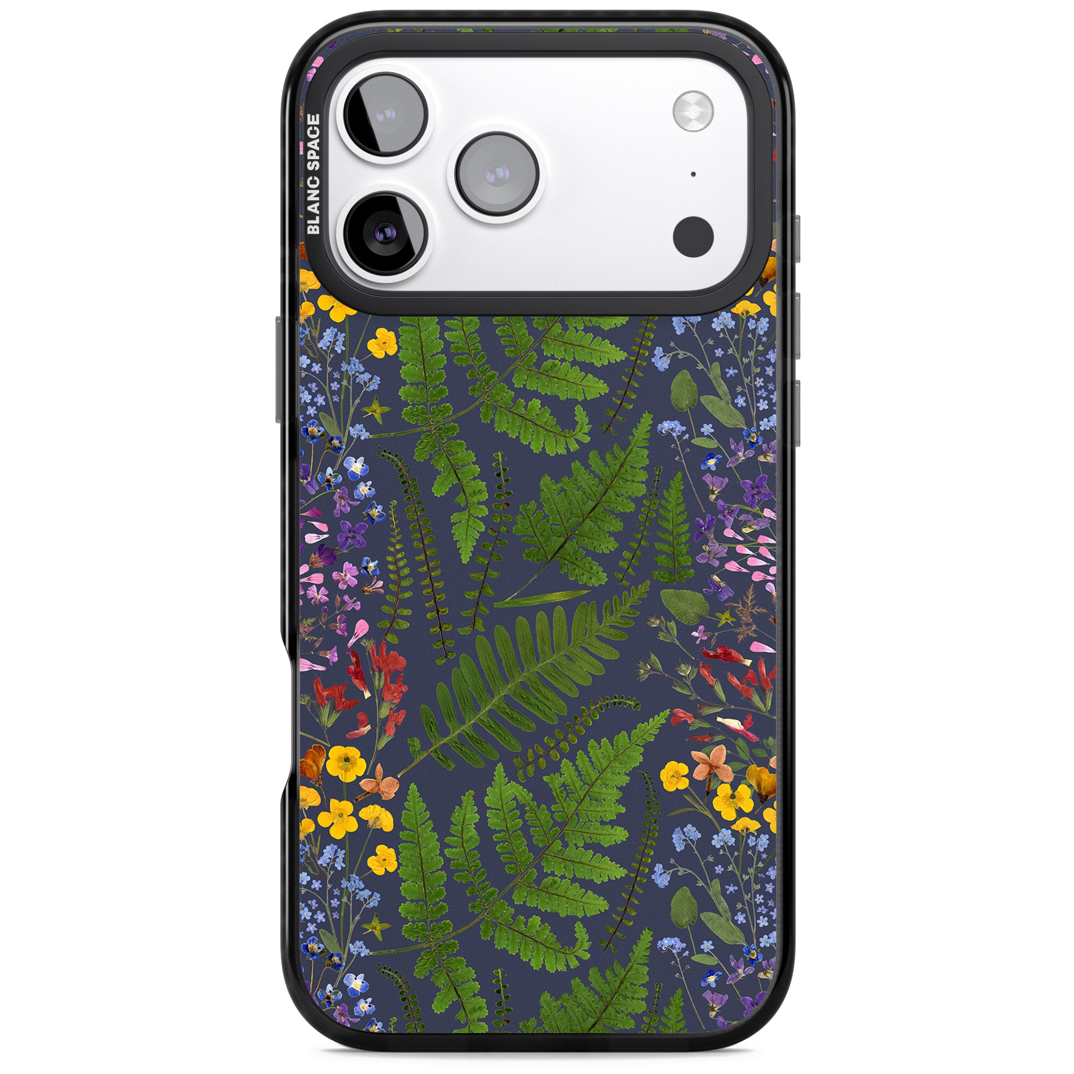 Busy Floral And Fern Design Navy iPhone 17 Pro Impact Pro Black Phone Case
