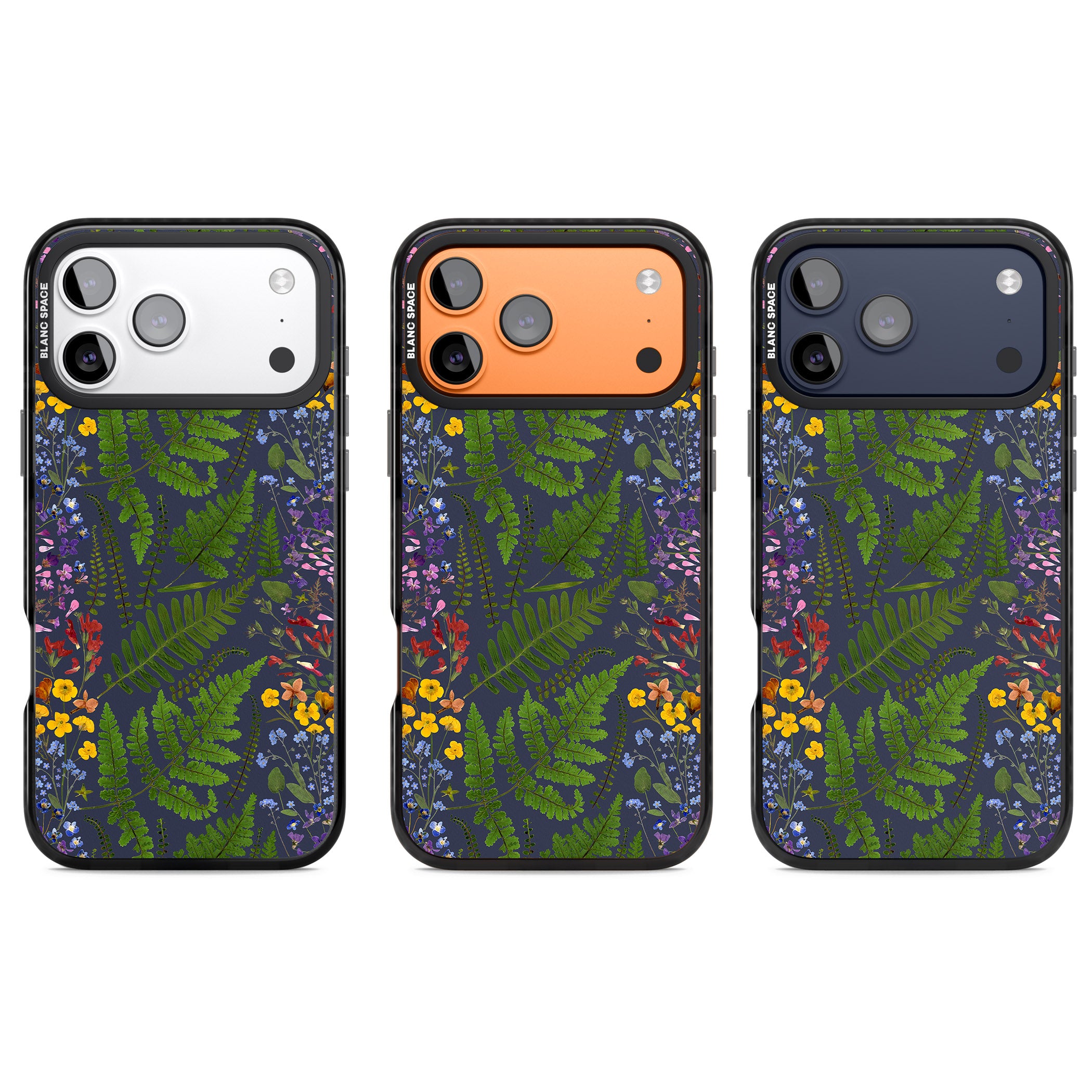 Busy Floral And Fern Design Navy iPhone 17 Pro Impact Pro Black Phone Case APT Impact Protection