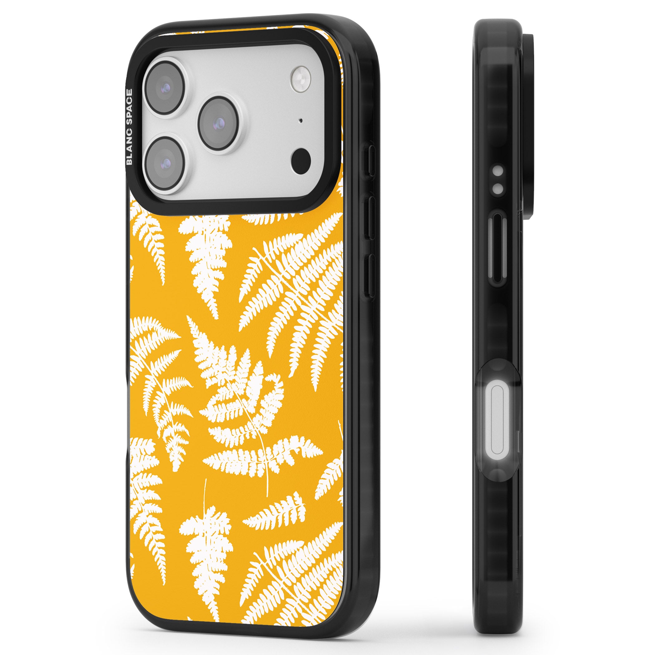 Fern Pattern On Yellow iPhone 17 Pro Impact Pro Black Phone Case Side Profile