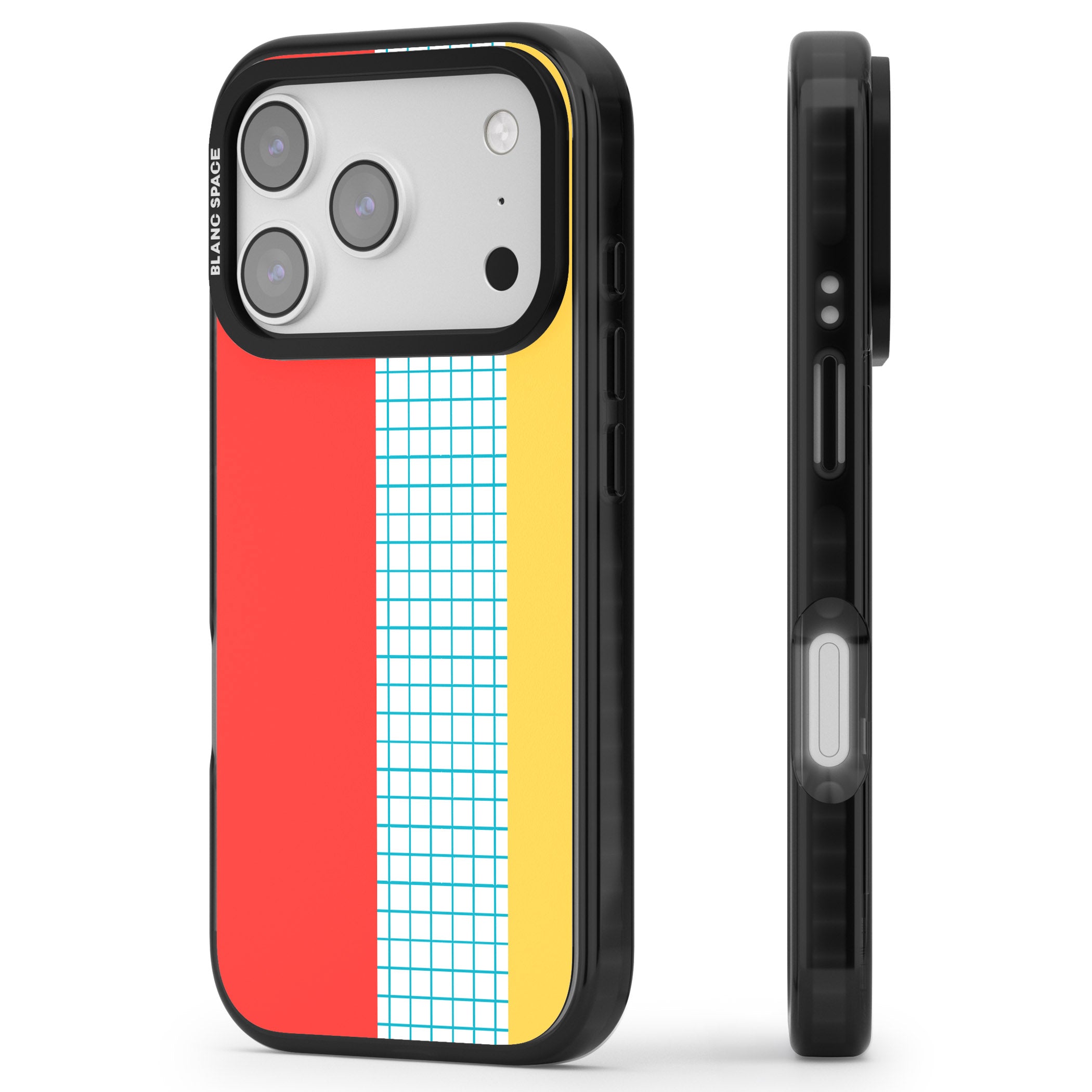 Abstract Grid Red, Blue, Yellow iPhone 17 Pro Impact Pro Black Phone Case Side Profile