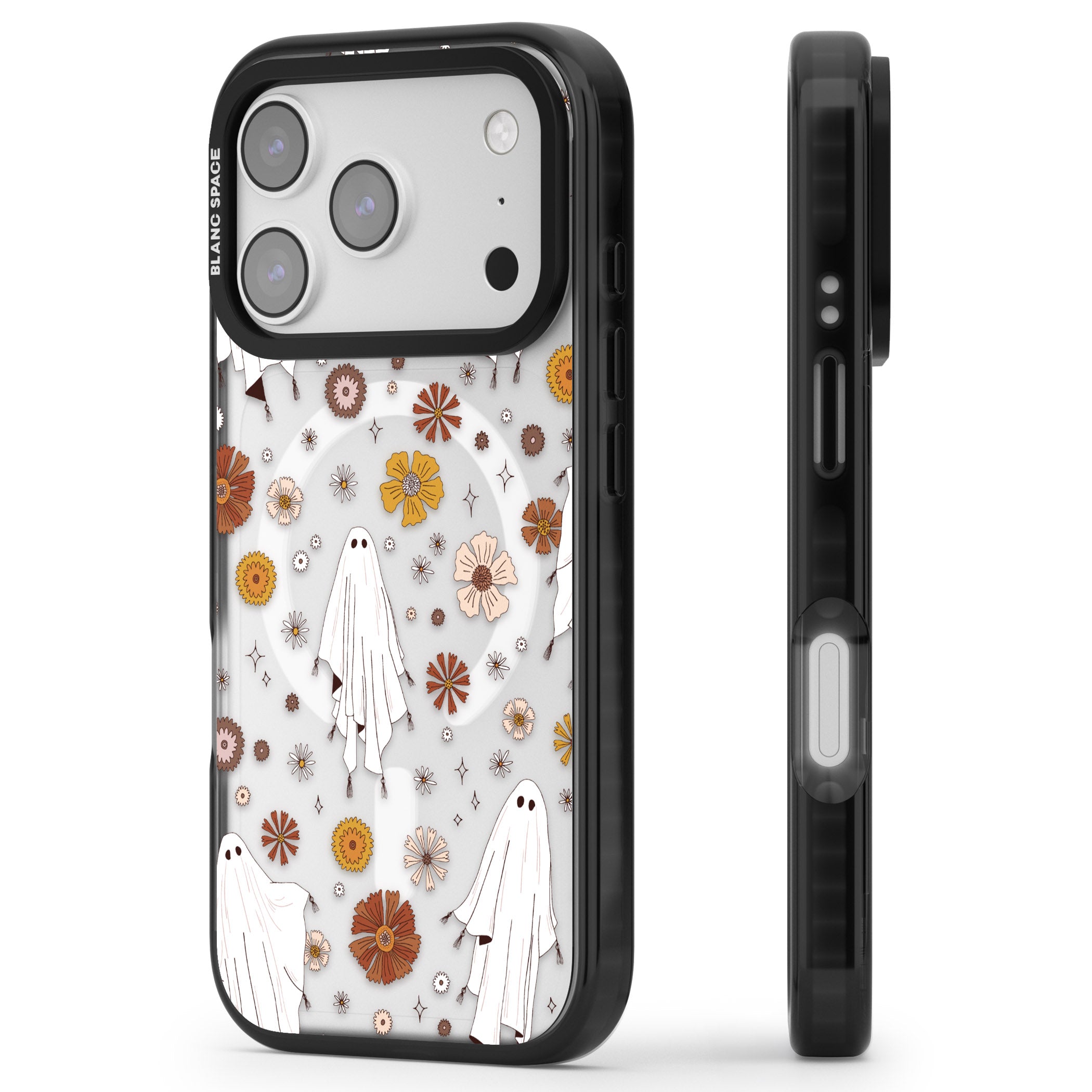 Halloween Ghosts And Flowers iPhone 17 Pro Impact Pro Black Phone Case Side Profile