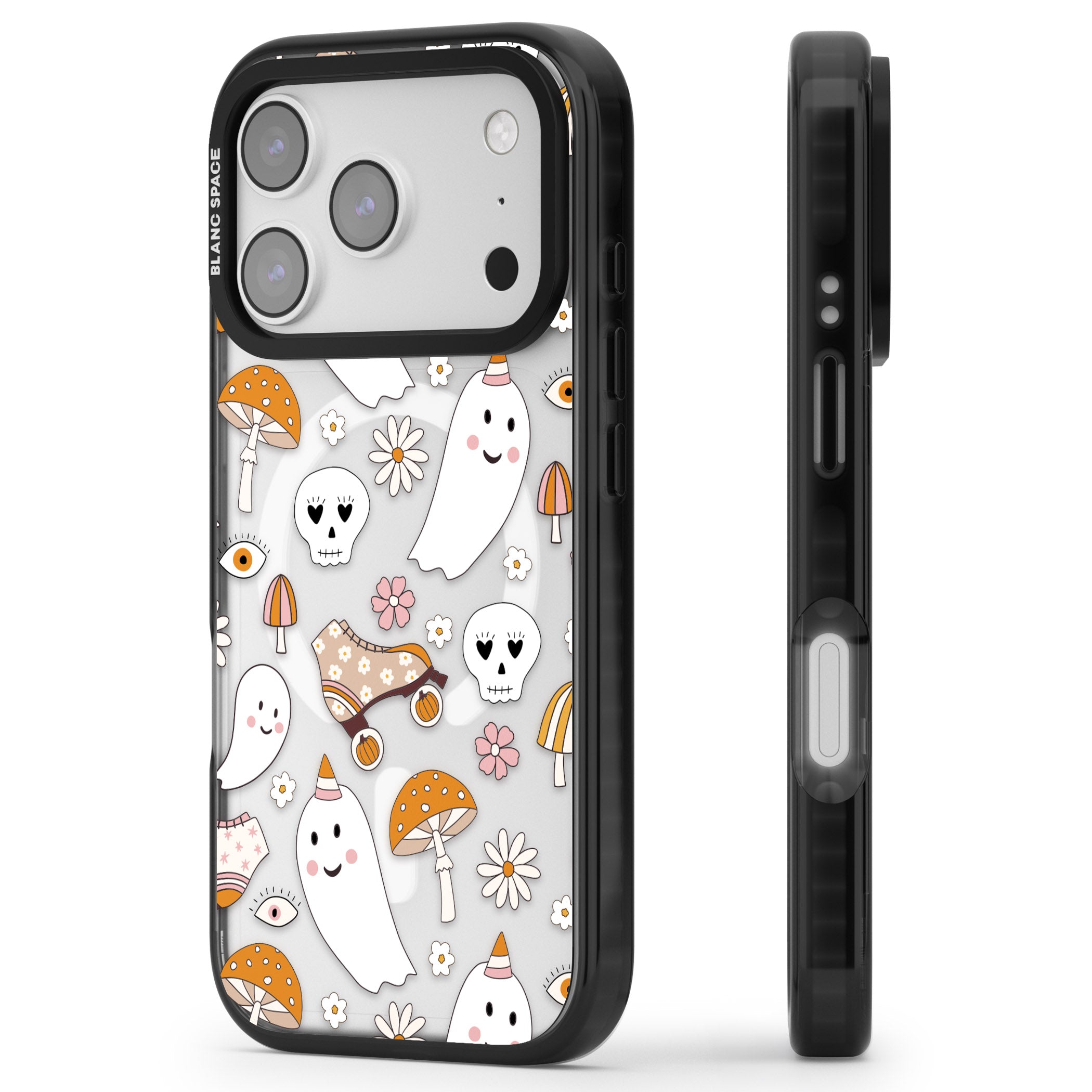 Cute Ghost And Skulls Pattern iPhone 17 Pro Impact Pro Black Phone Case Side Profile