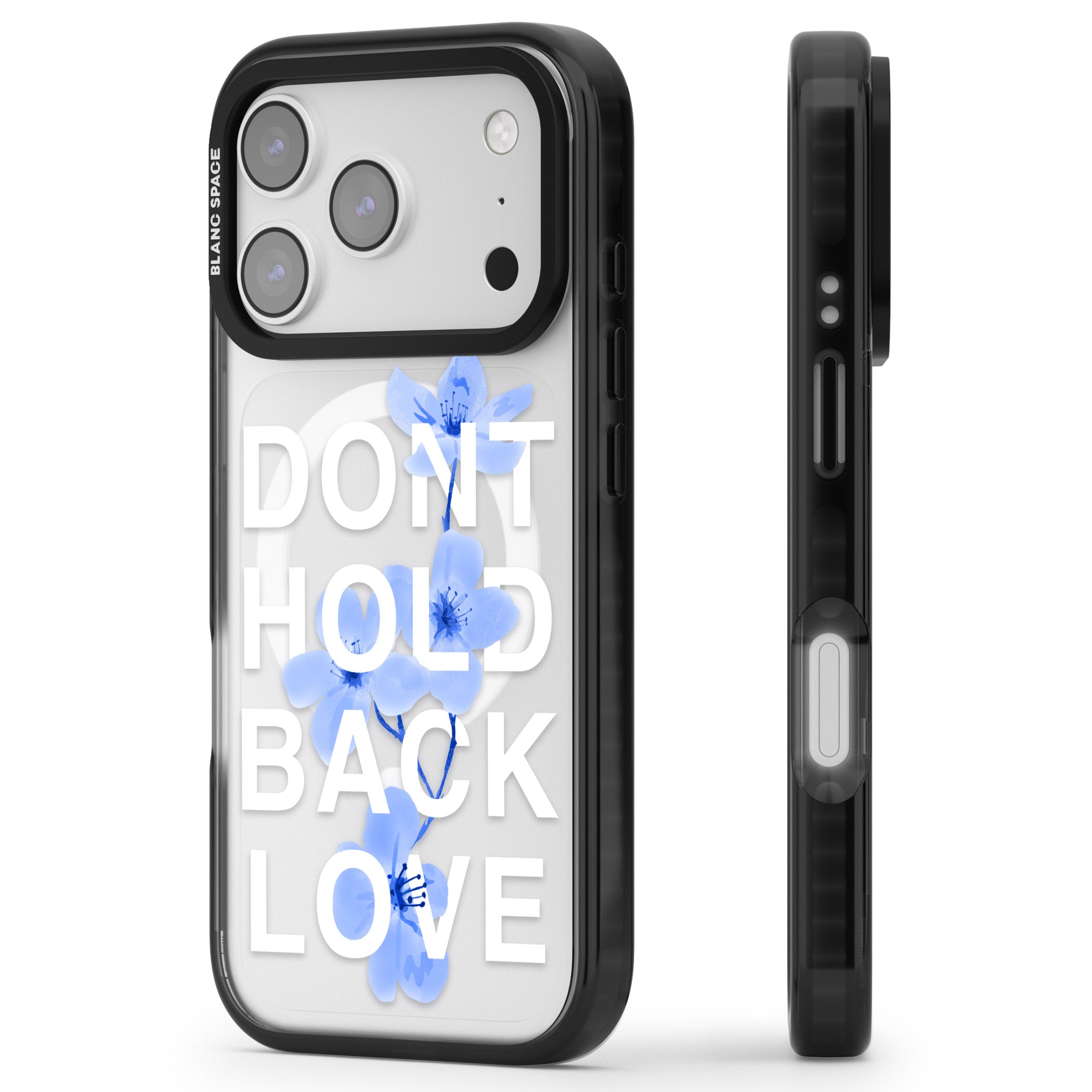 Don'T Hold Back Love Blue & White iPhone 17 Pro Impact Pro Black Phone Case Side Profile