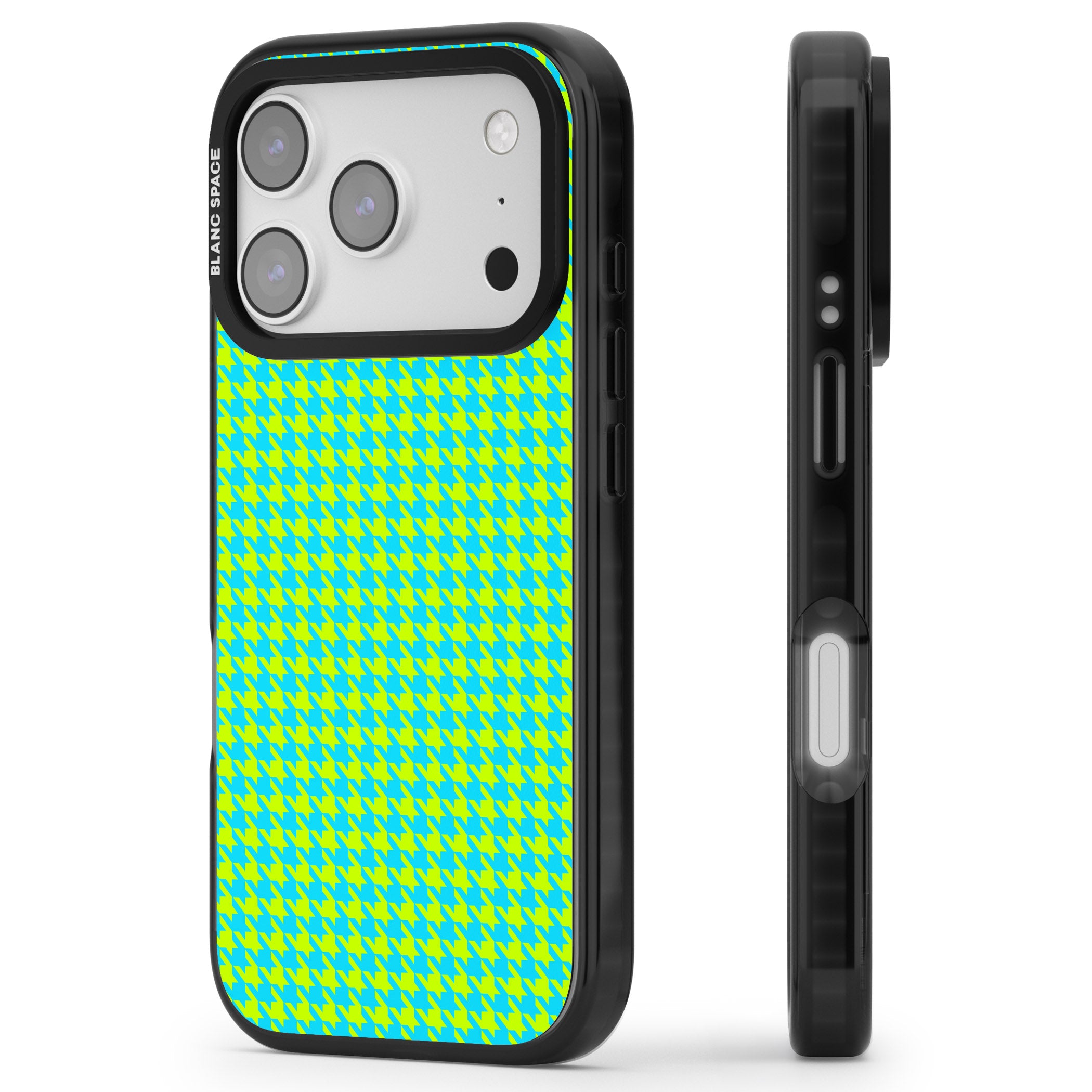 Neon Lime & Turquoise Houndstooth iPhone 17 Pro Impact Pro Black Phone Case Side Profile