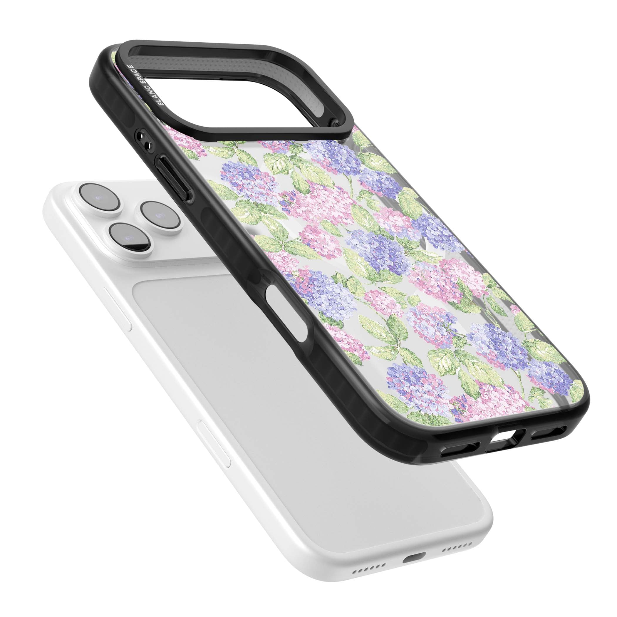 Cottage Hydrangea cottagecore iPhone case featuring pink and purple hydrangea blooms with green leaves on a clear background | Black Impact Magsafe case for iPhone 17 Pro, iPhone 17 Pro Max