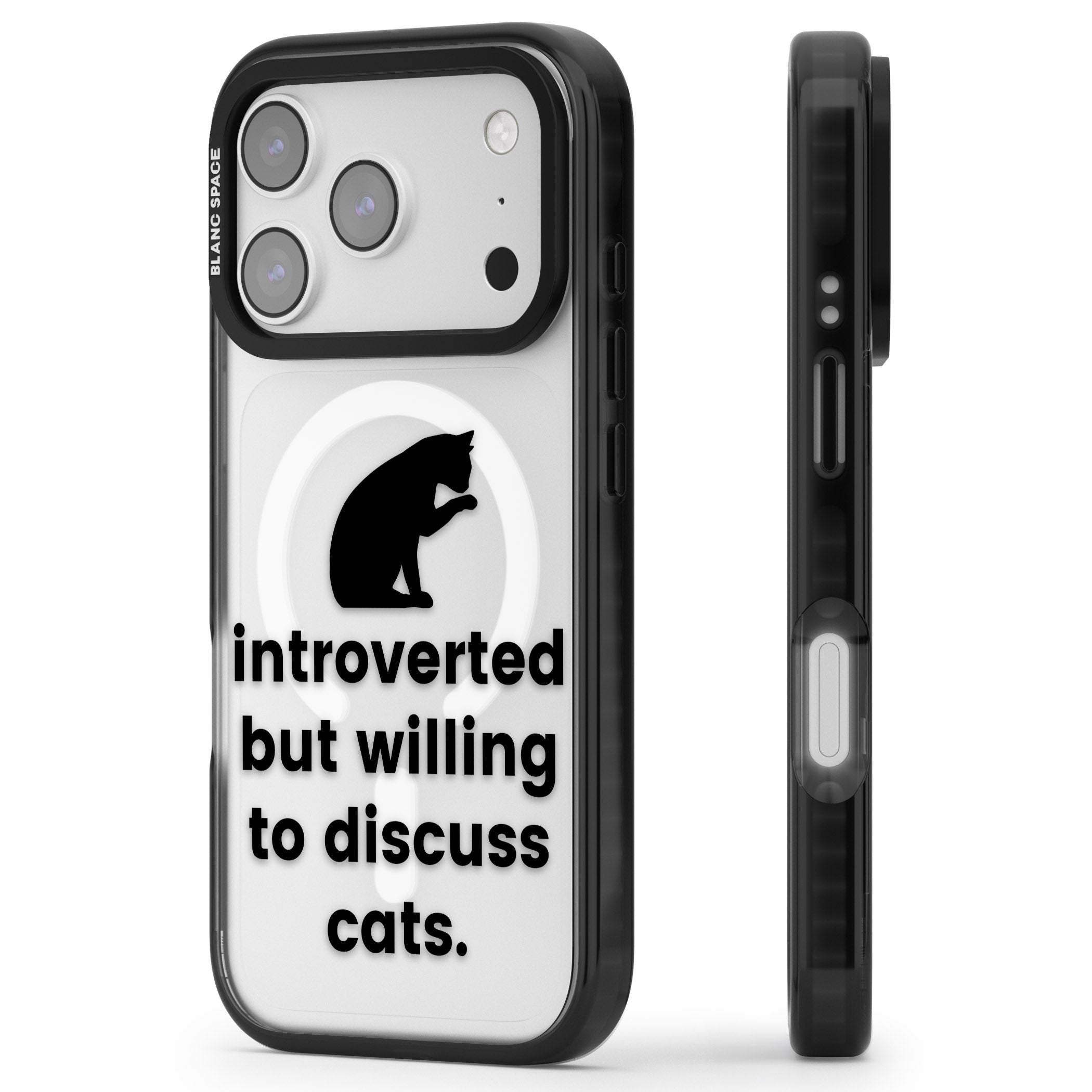 Introverted But Willing To Discuss Cats iPhone 17 Pro Impact Pro Black Phone Case Side Profile