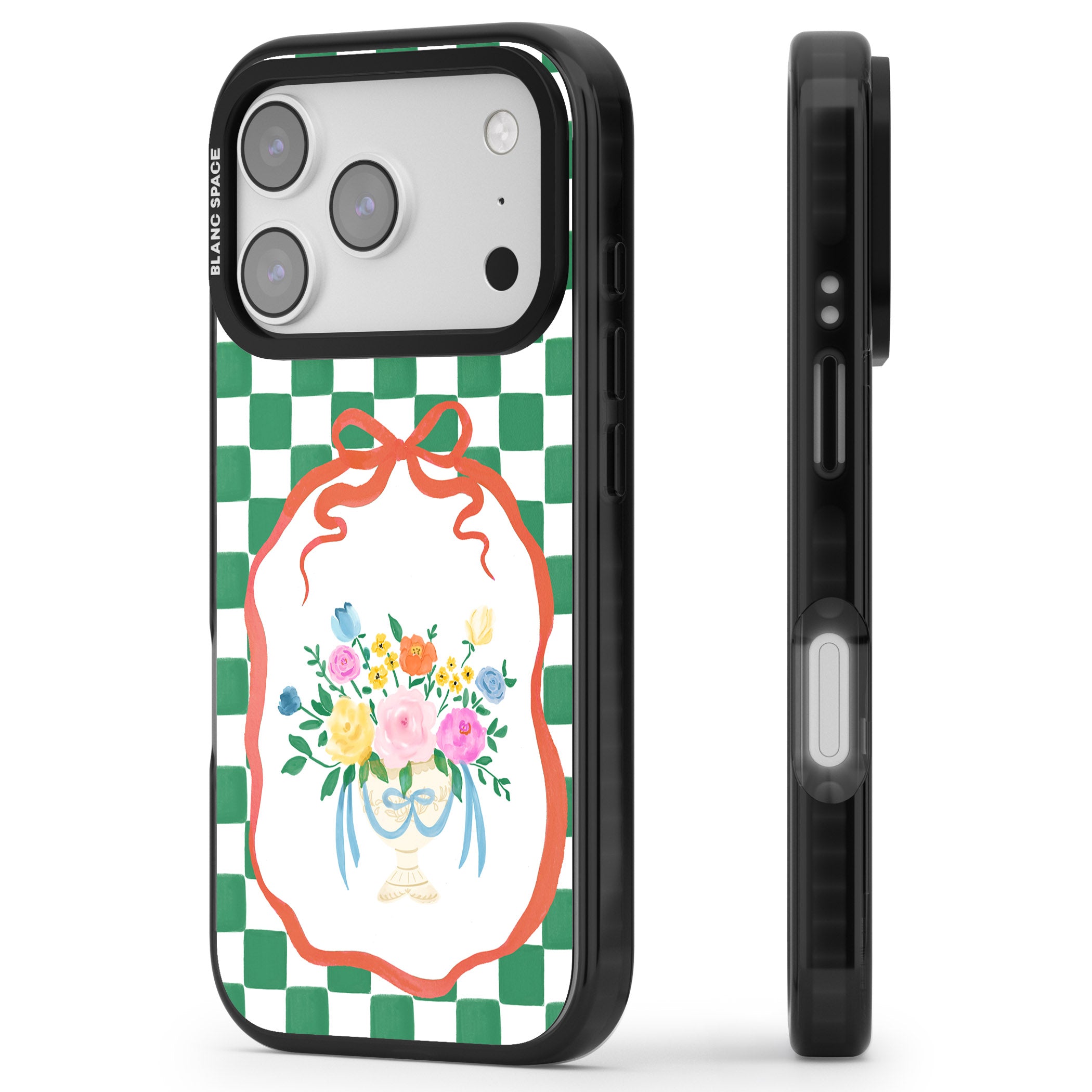 Green Checked Bouquet iPhone 17 Pro Impact Pro Black Phone Case Side Profile
