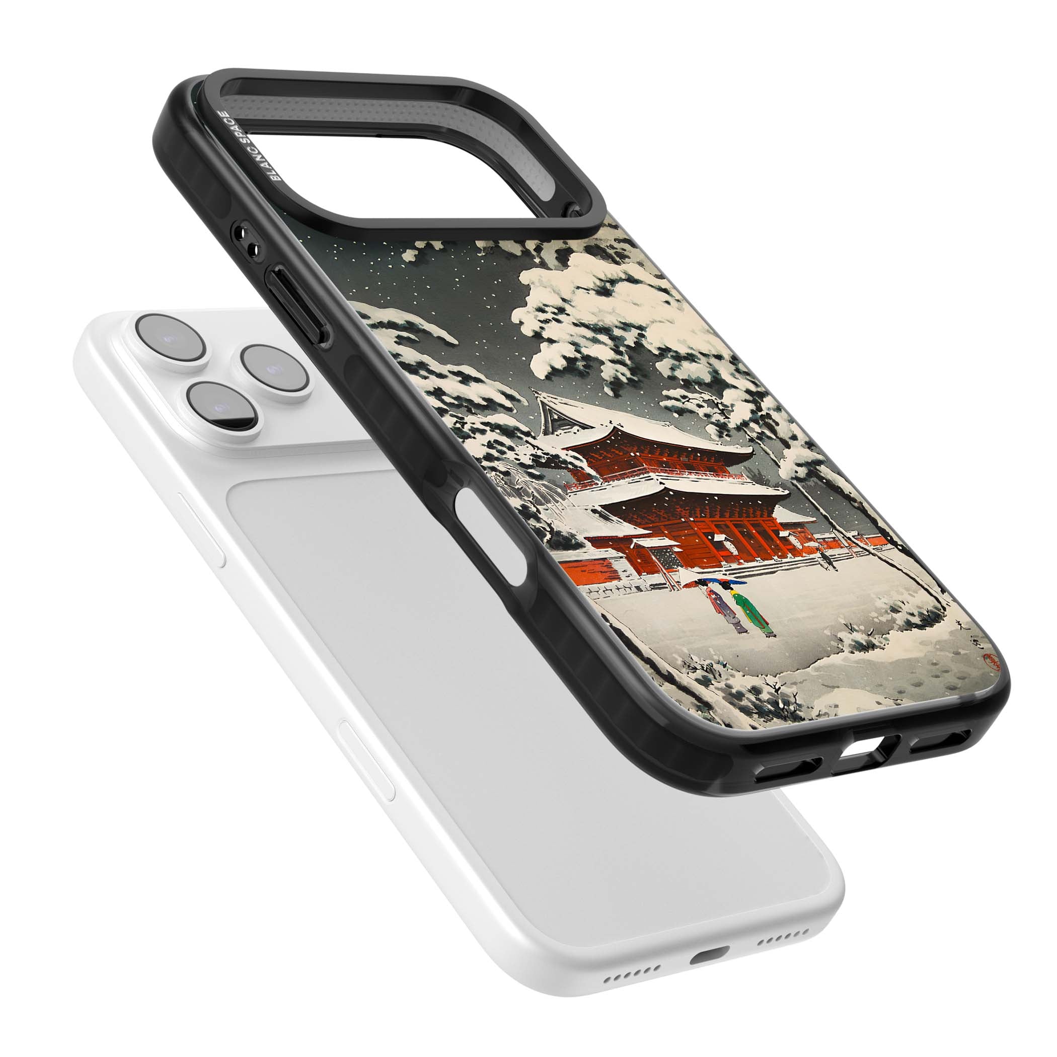 Snow at Shiha Park, Tokyo Japanese art iPhone case featuring a vintage ukiyo-e snowy temple, red pagoda, and snow-covered pin | Black Impact Magsafe case for iPhone 17 Pro, iPhone 17 Pro Max