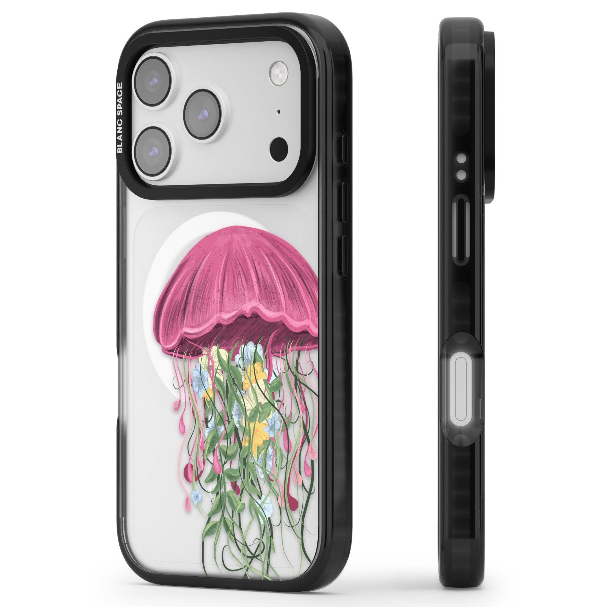 Botanical Jellyfish iPhone 17 Pro Impact Pro Black Phone Case Side Profile