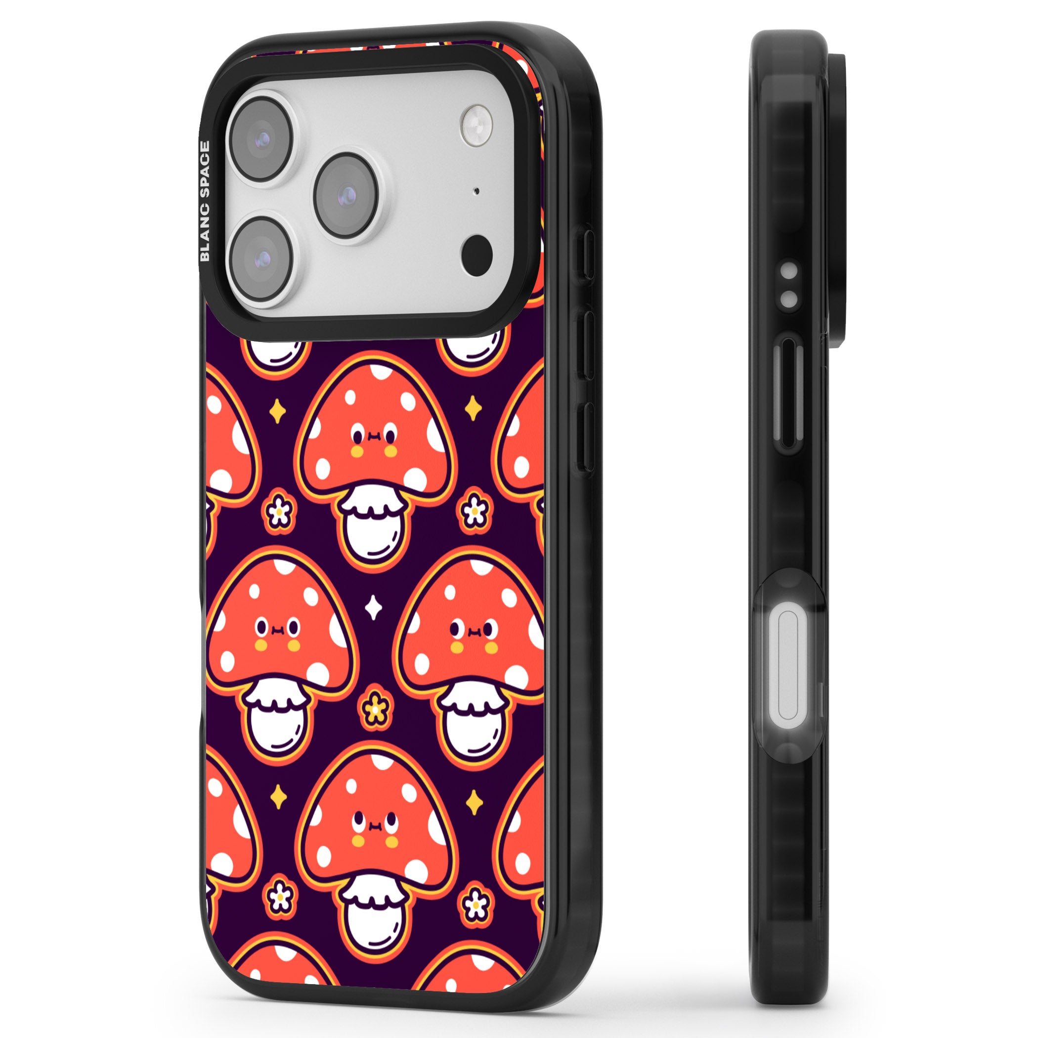Mushroom Kawaii Pattern iPhone 17 Pro Impact Pro Black Phone Case Side Profile