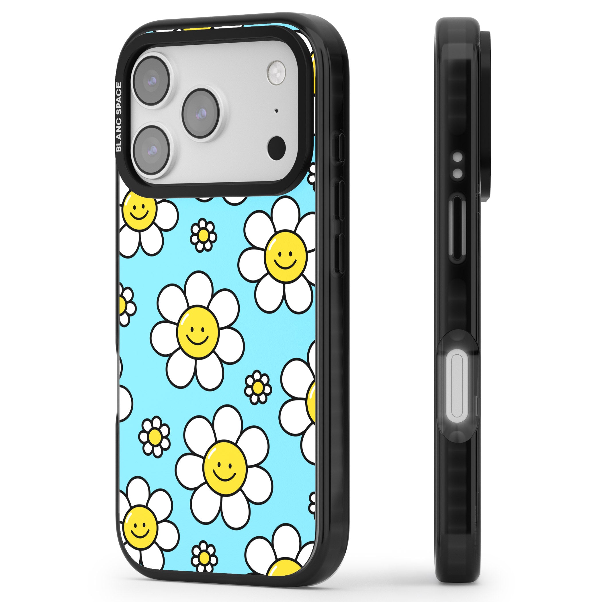 Daisy Faces Kawaii Pattern iPhone 17 Pro Impact Pro Black Phone Case Side Profile