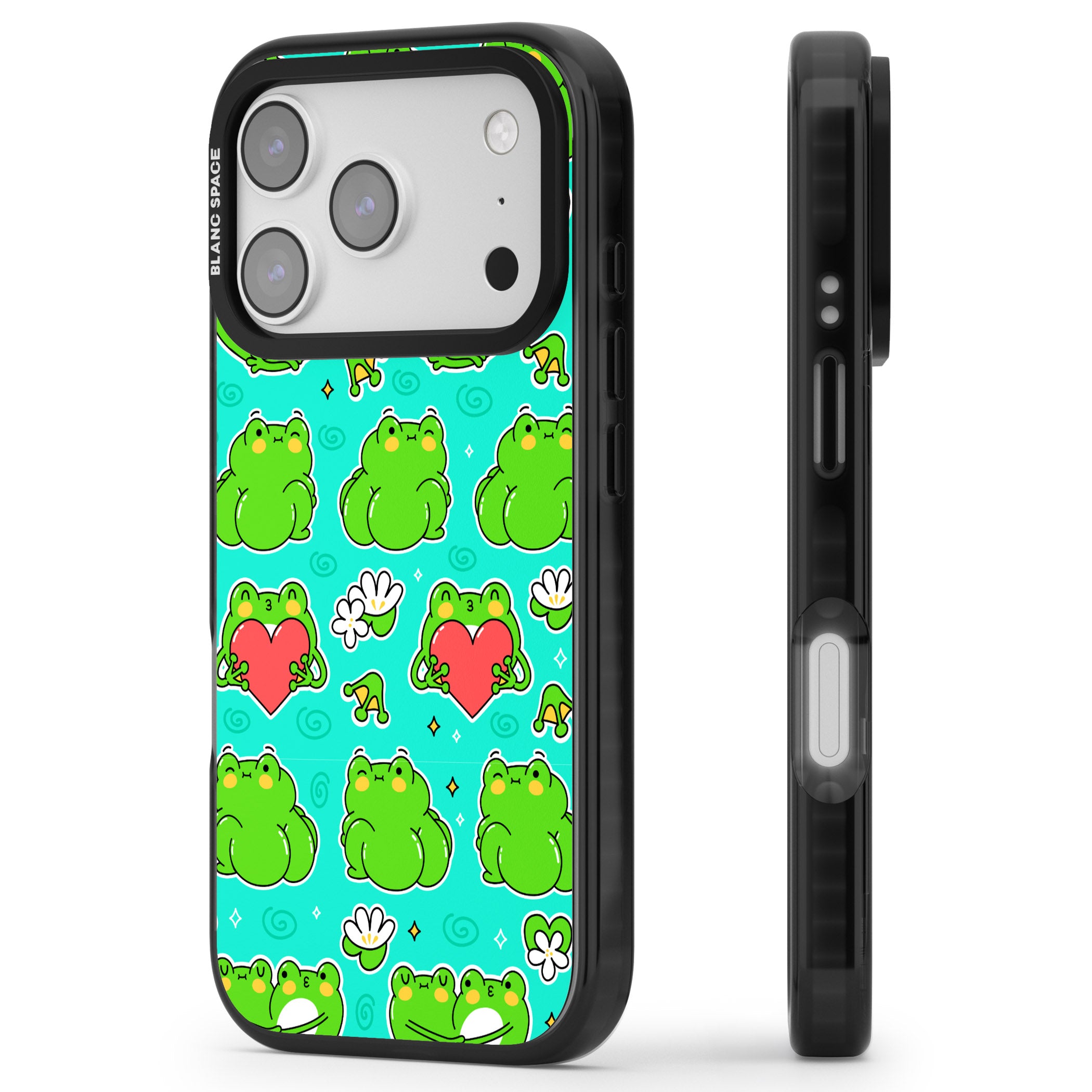 Frog Booty Kawaii Pattern iPhone 17 Pro Impact Pro Black Phone Case Side Profile