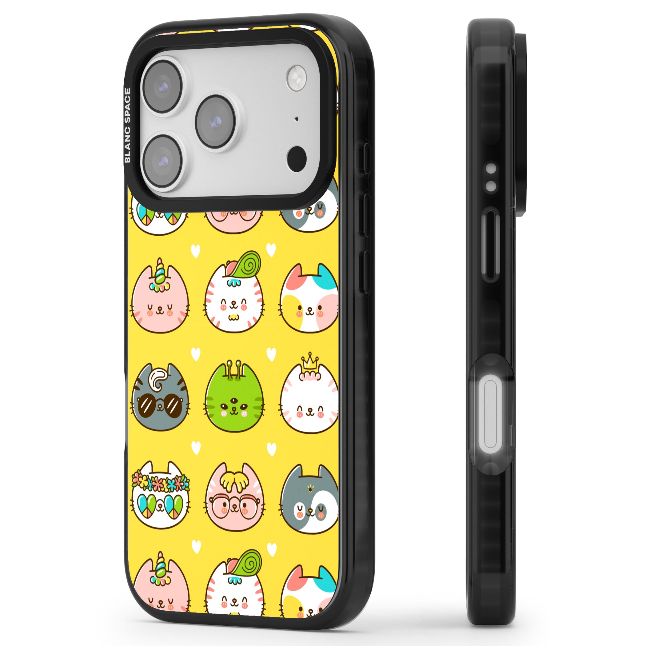 Mythical Cats Kawaii Pattern iPhone 17 Pro Impact Pro Black Phone Case Side Profile