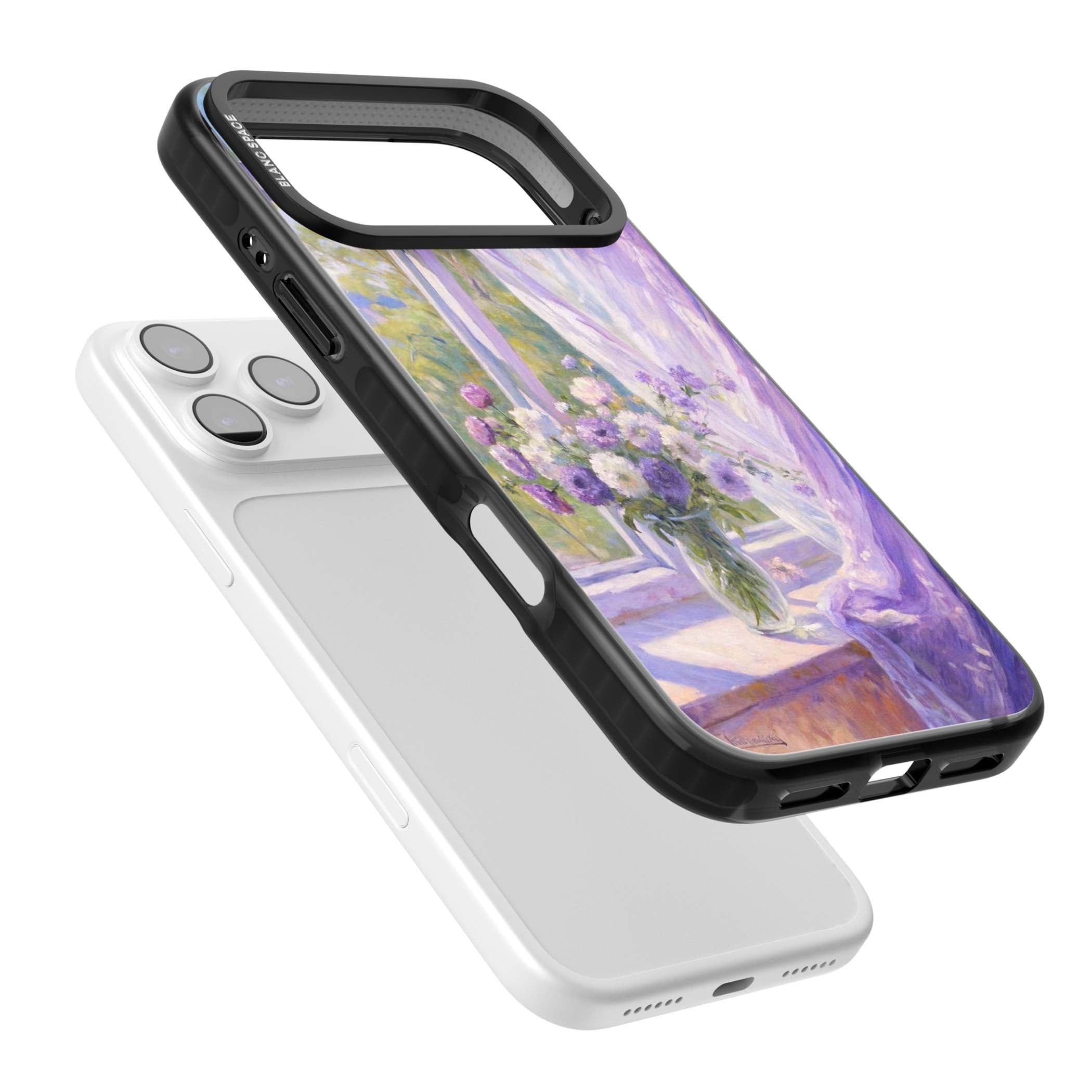 A Provence Morning impressionist art iPhone case featuring a vase of purple flowers, sunlit window and sheer curt | Black Impact Magsafe case for iPhone 17 Pro, iPhone 17 Pro Max