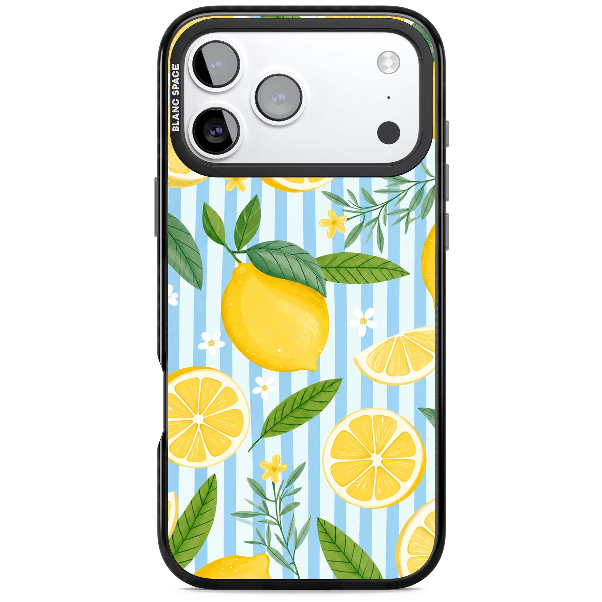 Capri Citrus Stripe coastal iPhone case featuring yellow lemons, blue stripes, and white daisy blossoms | Black Impact Magsafe case for iPhone 17 Pro, iPhone 17 Pro Max