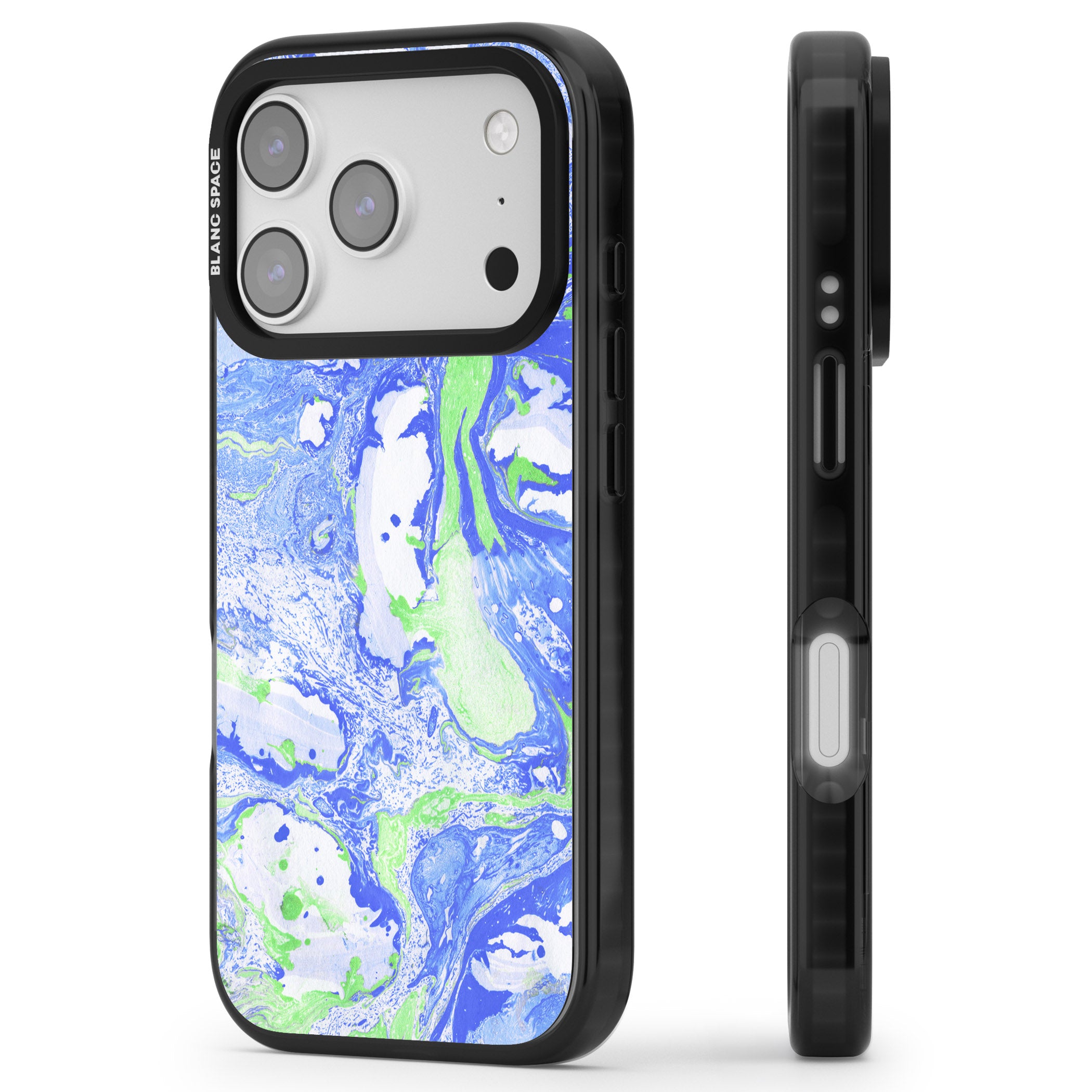 Dark Blue & Green Marbled Paper Pattern iPhone 17 Pro Impact Pro Black Phone Case Side Profile