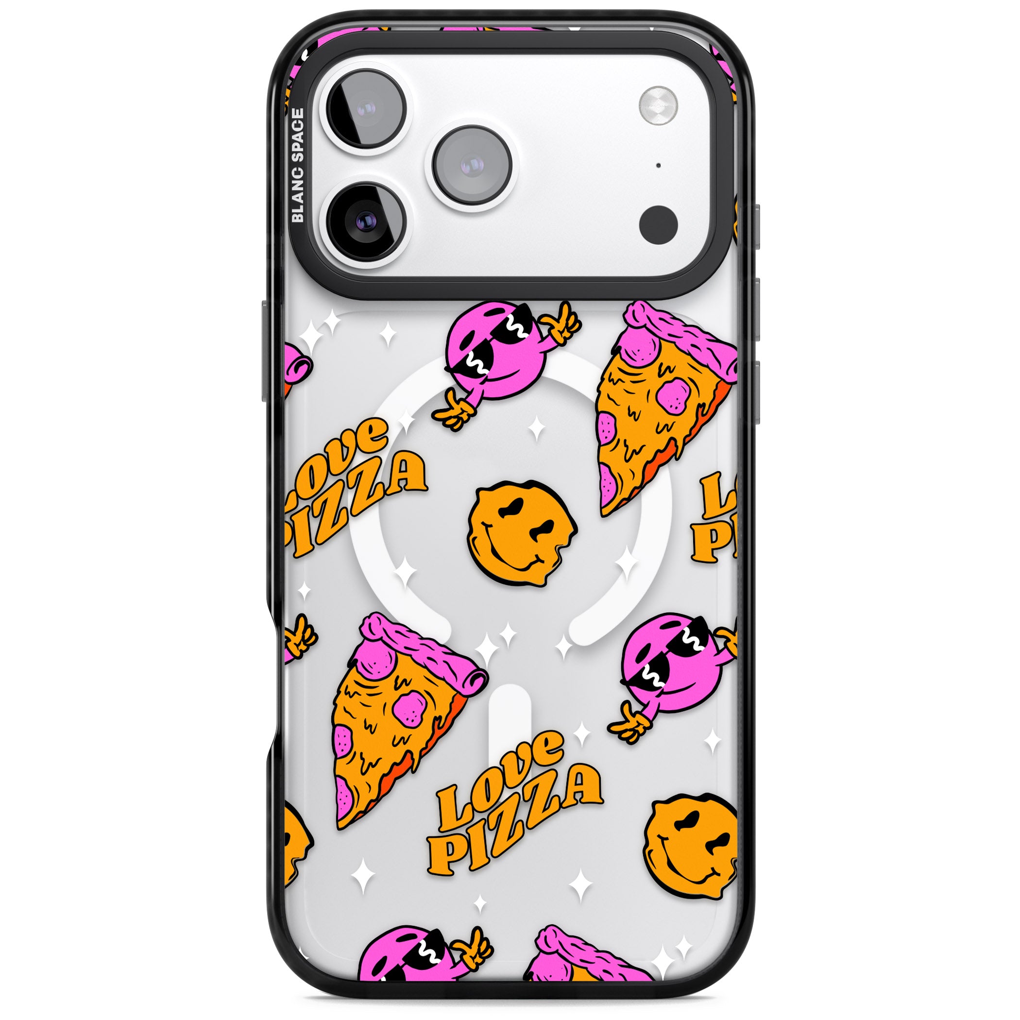 Psychedelic Love Pizza Pattern (Clear) iPhone 17 Pro Impact Pro Black Phone Case