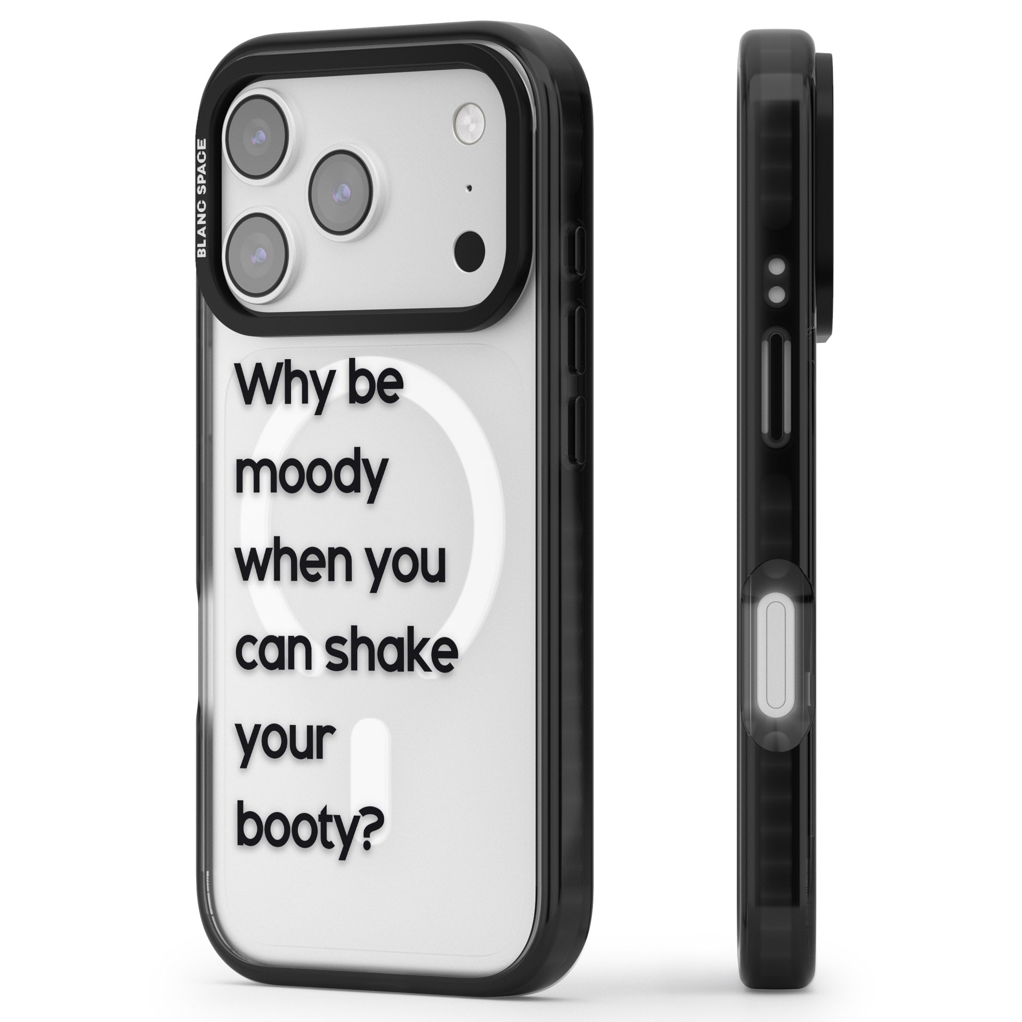 Why Be Moody? iPhone 17 Pro Impact Pro Black Phone Case Side Profile
