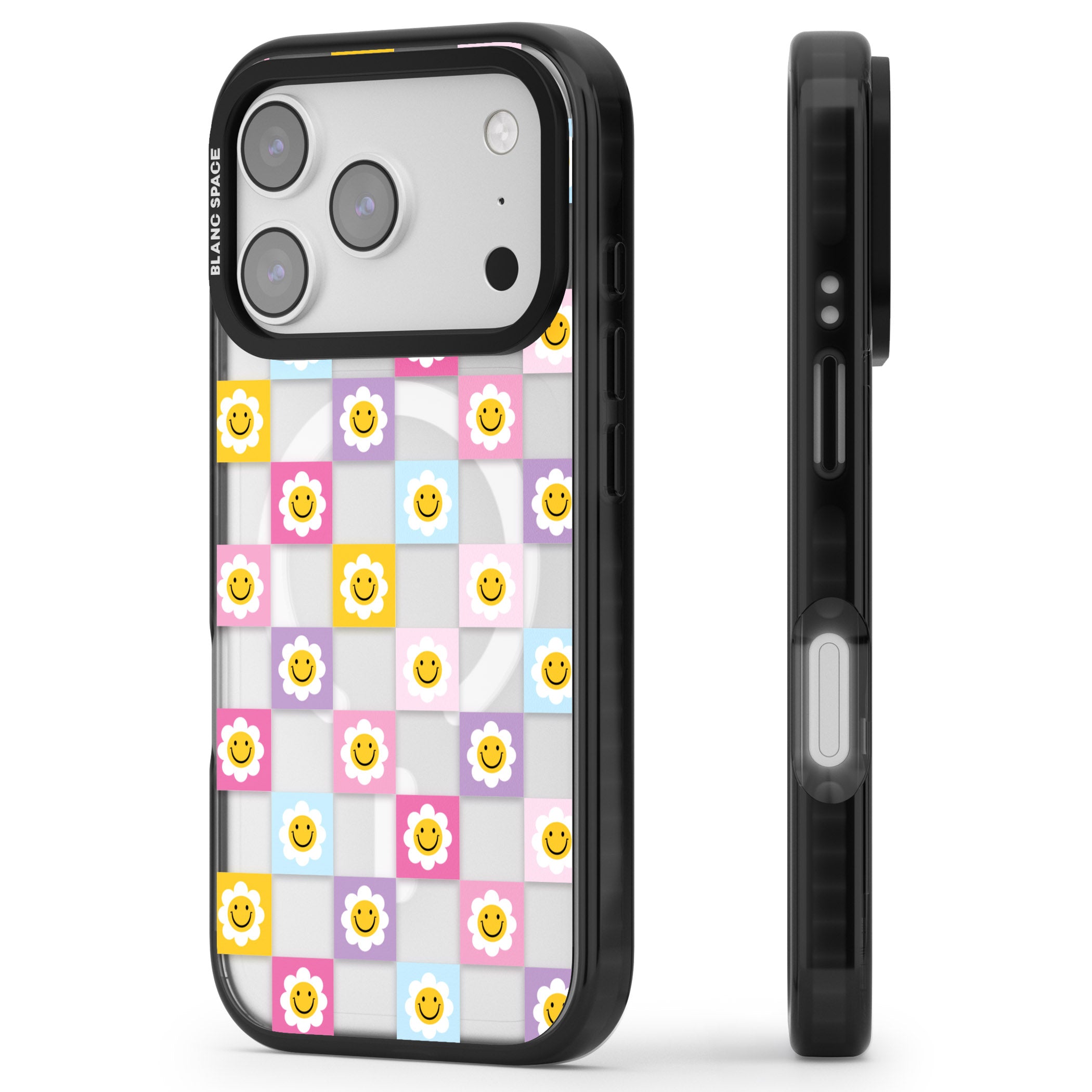 Daisy Squares Pattern iPhone 17 Pro Impact Pro Black Phone Case Side Profile