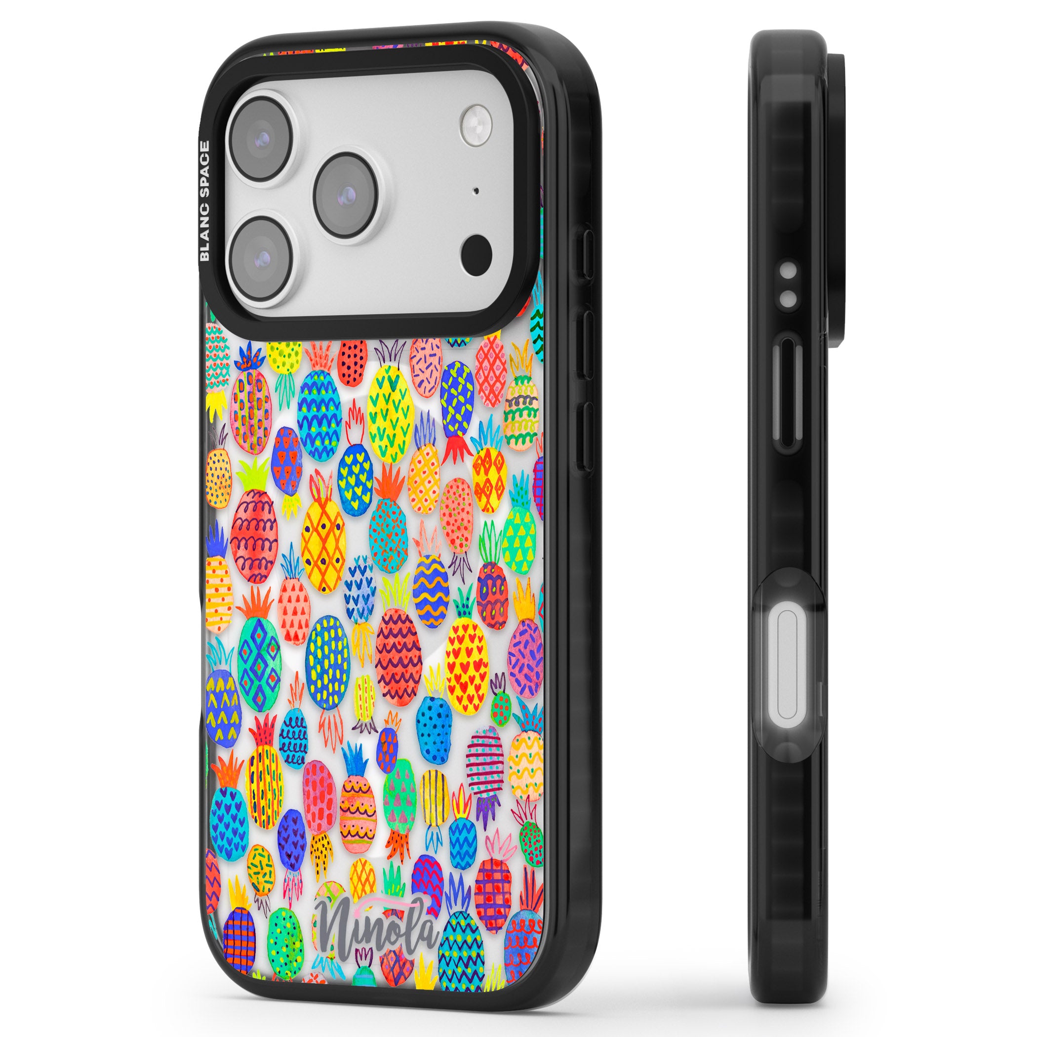 Vibrant Pineapple Pattern iPhone 17 Pro Max Impact Pro Black Phone Case Side Profile
