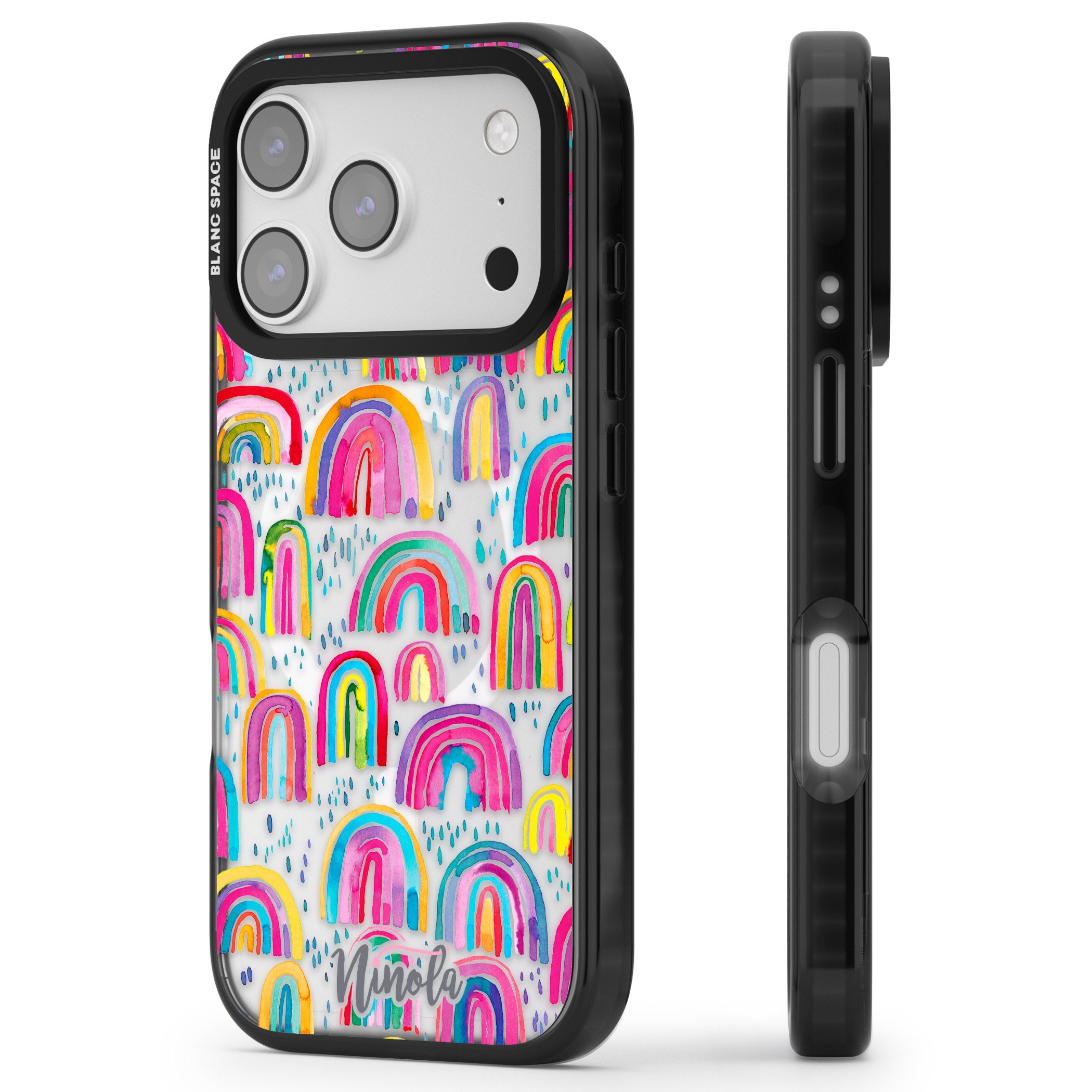 Watercolor Rainbow iPhone 17 Pro Impact Pro Black Phone Case Side Profile
