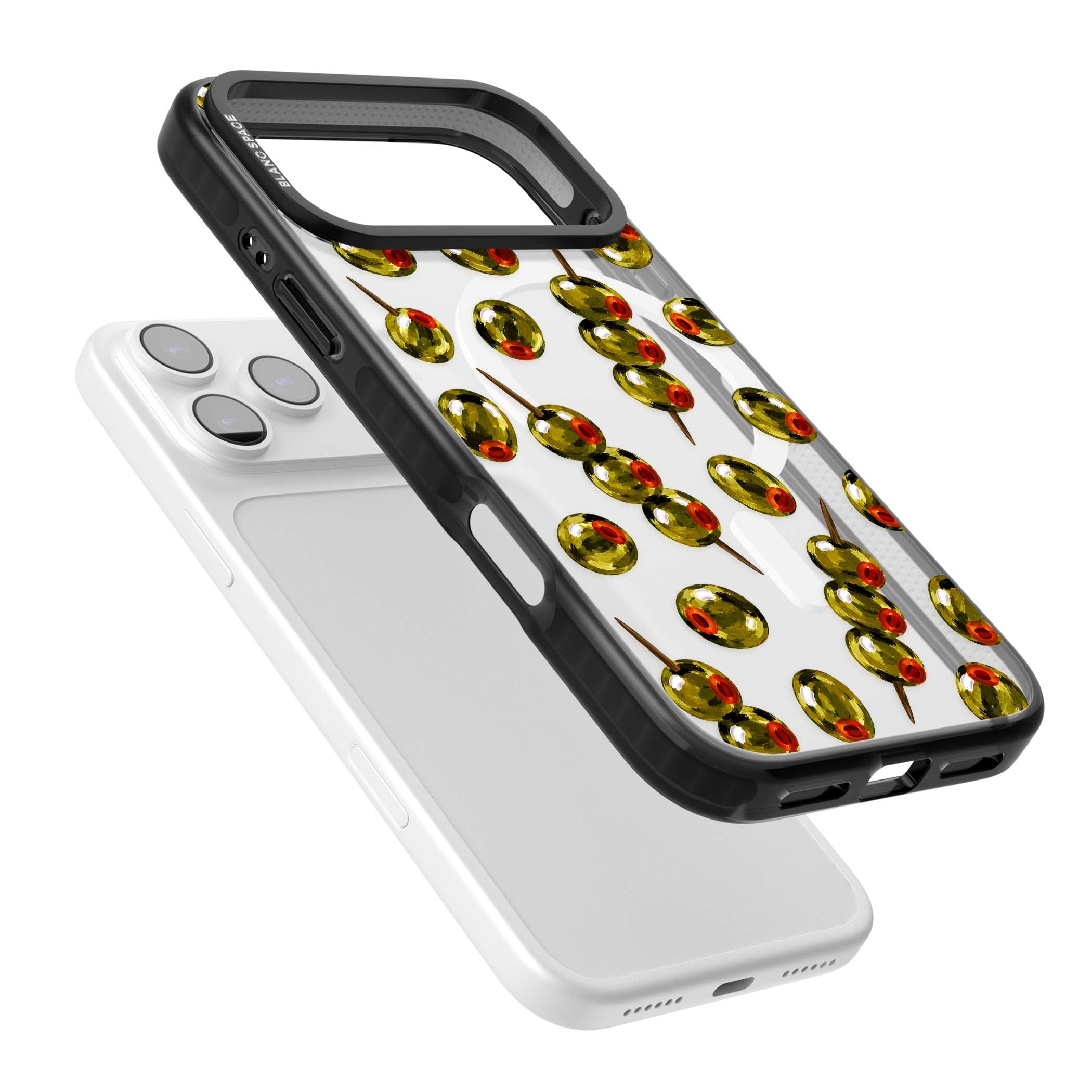 Painted Olives cocktail iPhone case featuring green olives, pimento centres and toothpick skewers on a clear background | Black Impact Magsafe case for iPhone 17 Pro, iPhone 17 Pro Max