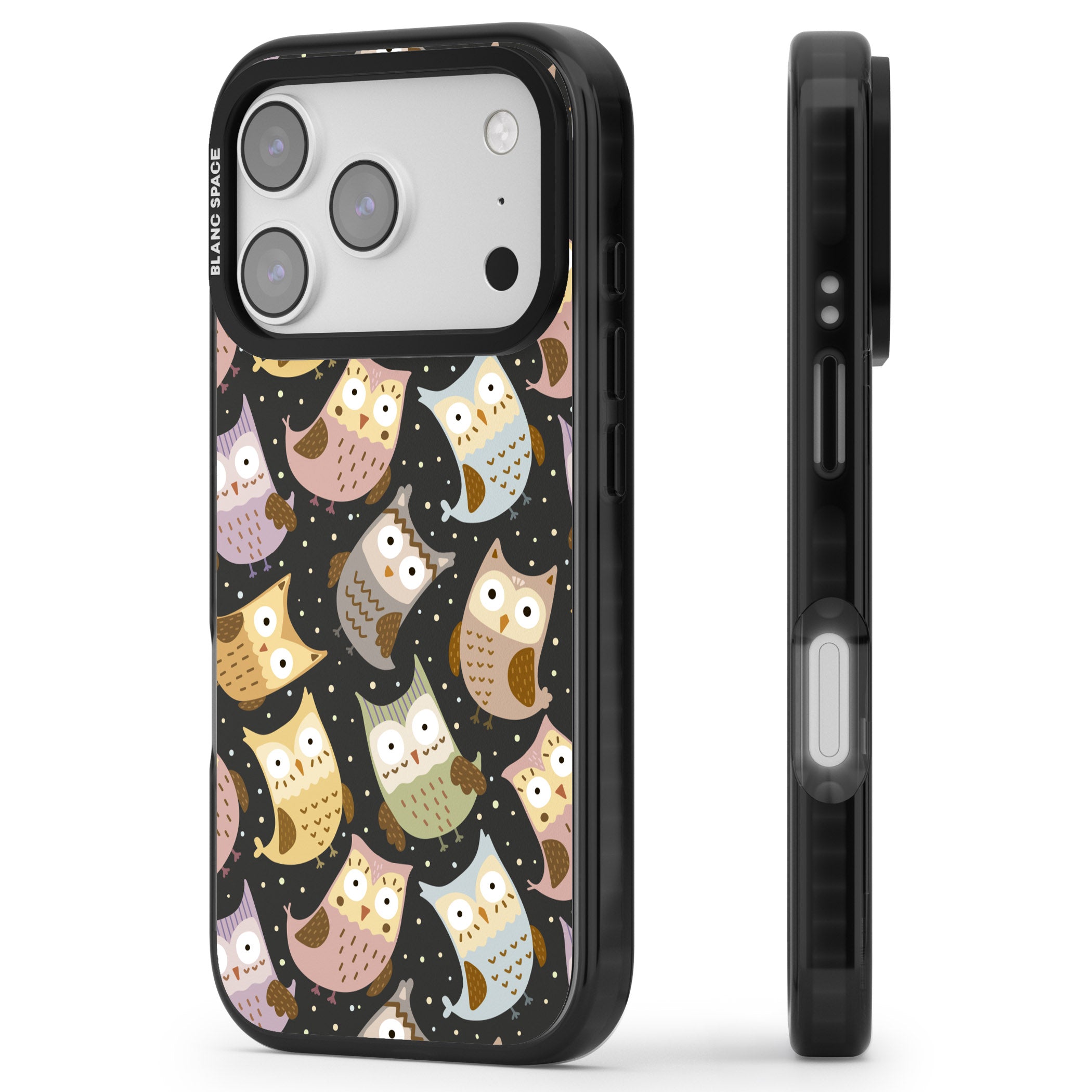 Cute Owl Pattern iPhone 17 Pro Impact Pro Black Phone Case Side Profile
