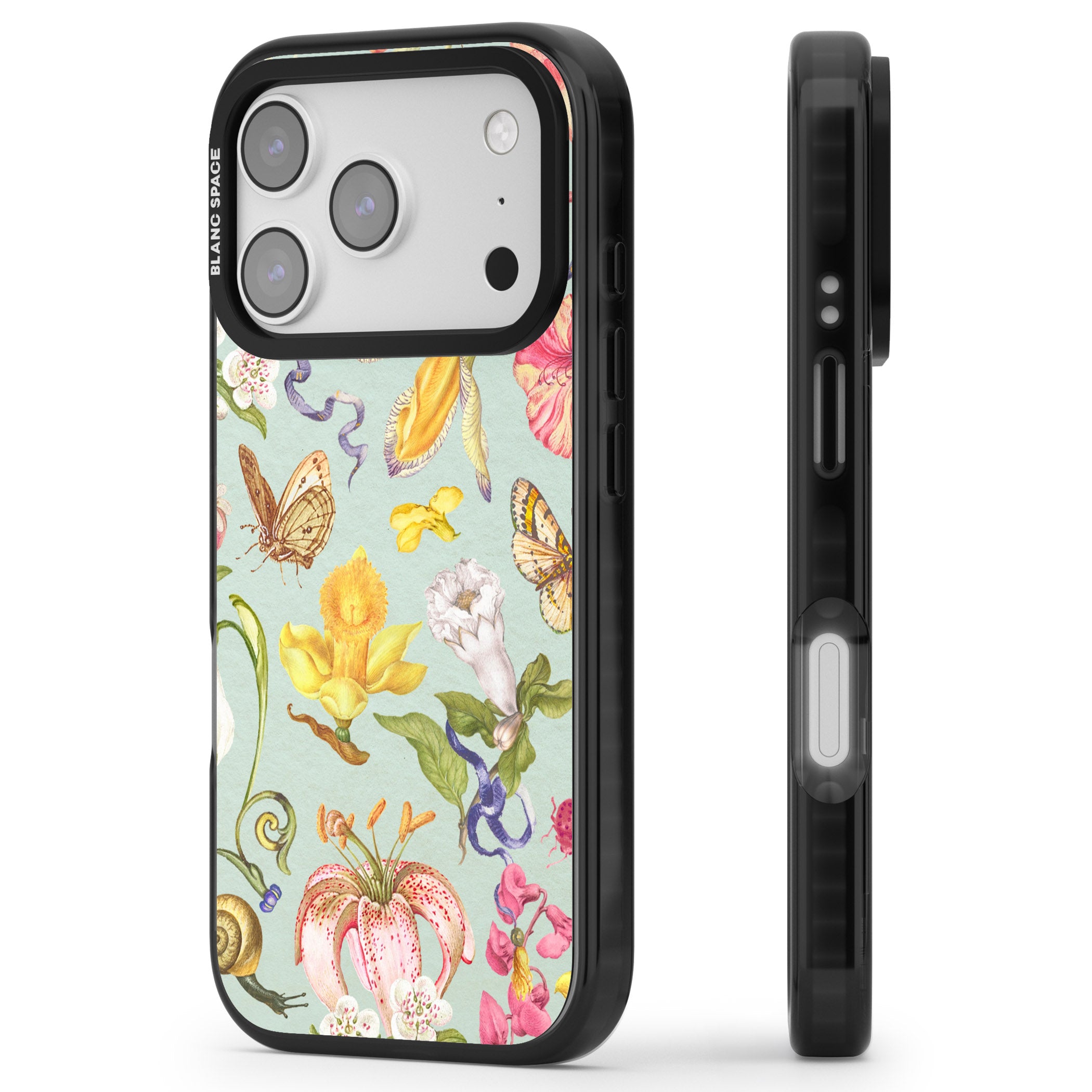 Blue Vintage Painted Flowers iPhone 17 Pro Impact Pro Black Phone Case Side Profile