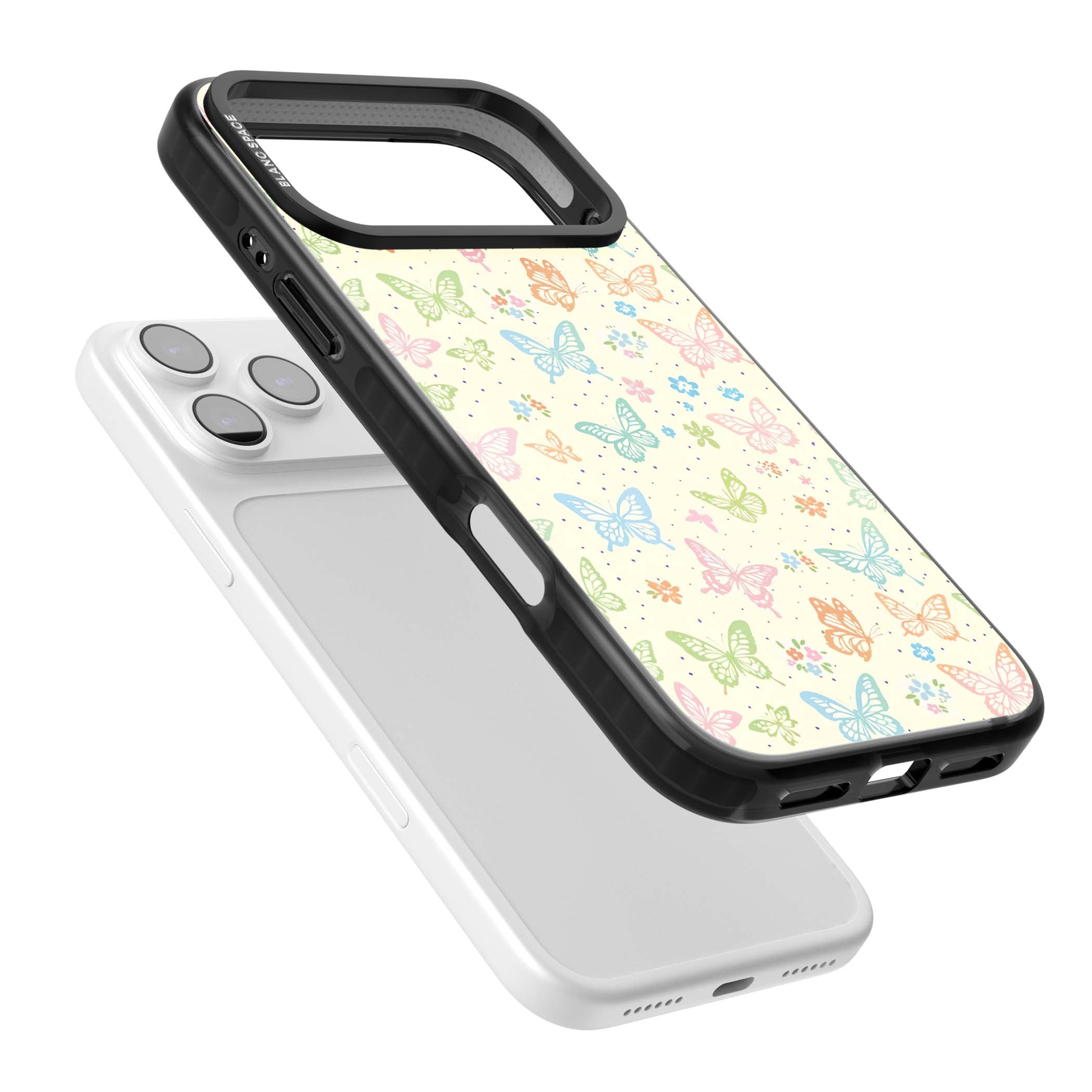 Sugar Wings cottagecore iPhone case featuring rainbow pastel butterflies, tiny wildflowers, and a cream background | Black Impact Magsafe case for iPhone 17 Pro, iPhone 17 Pro Max