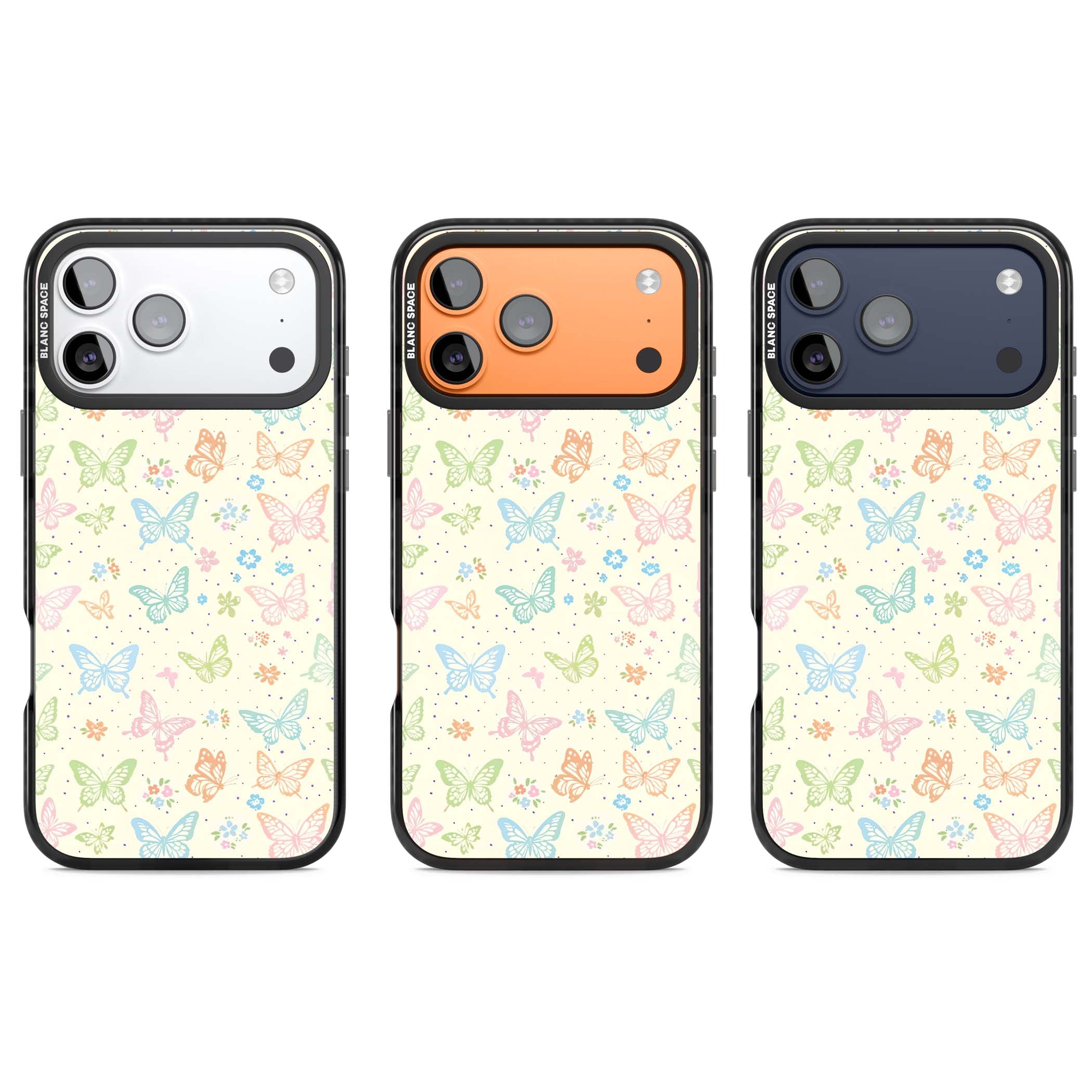 Sugar Wings cottagecore iPhone case featuring rainbow pastel butterflies, tiny wildflowers, and a cream background | Black Impact Magsafe case for iPhone 17 Pro, iPhone 17 Pro Max