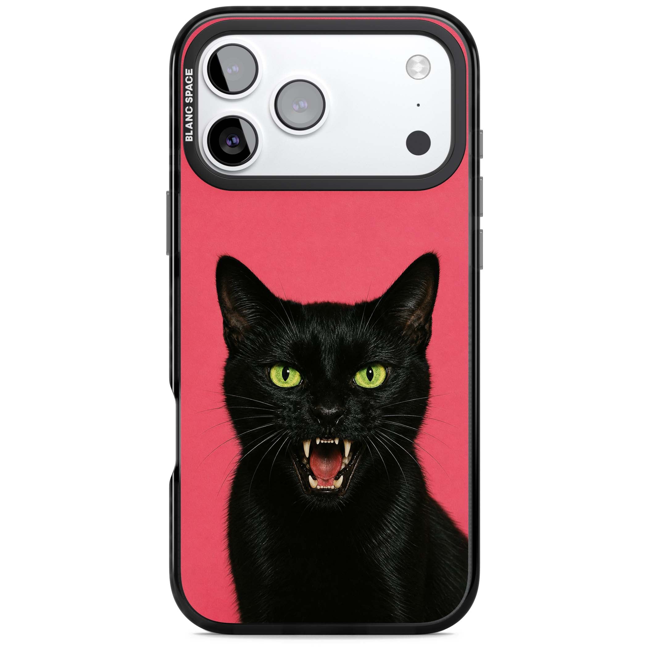 Hissin' Baddie black cat iPhone case featuring a hissing feline with green eyes on a hot pink background | Black Impact Magsafe case for iPhone 17 Pro, iPhone 17 Pro Max