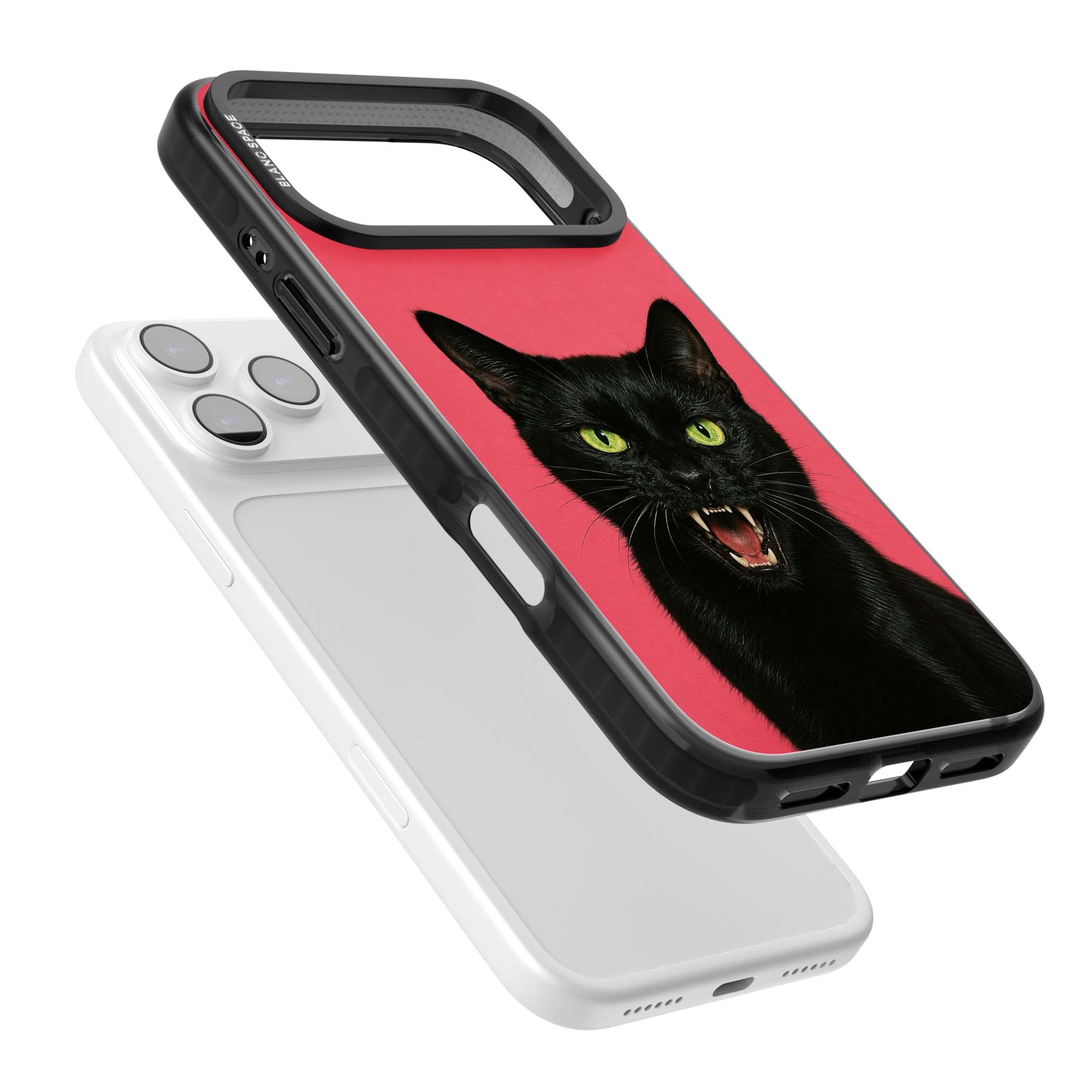 Hissin' Baddie black cat iPhone case featuring a hissing feline with green eyes on a hot pink background | Black Impact Magsafe case for iPhone 17 Pro, iPhone 17 Pro Max