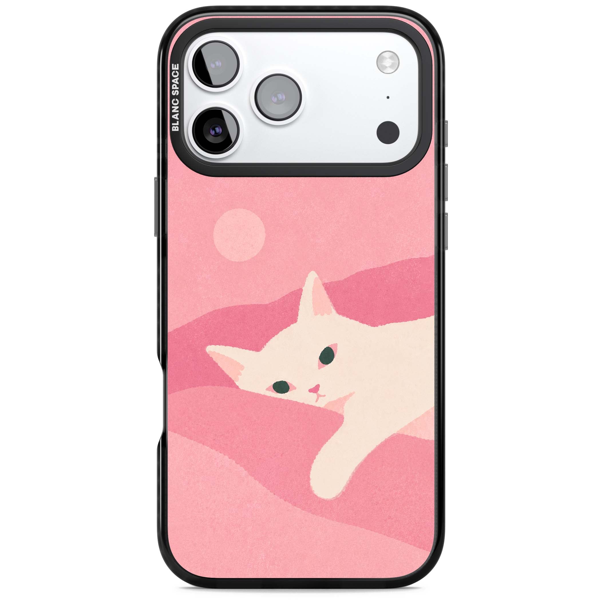 Pink Dreams cute cat iPhone case featuring a white kitten, soft pink hills and a pale pastel sun | Black Impact Magsafe case for iPhone 17 Pro, iPhone 17 Pro Max