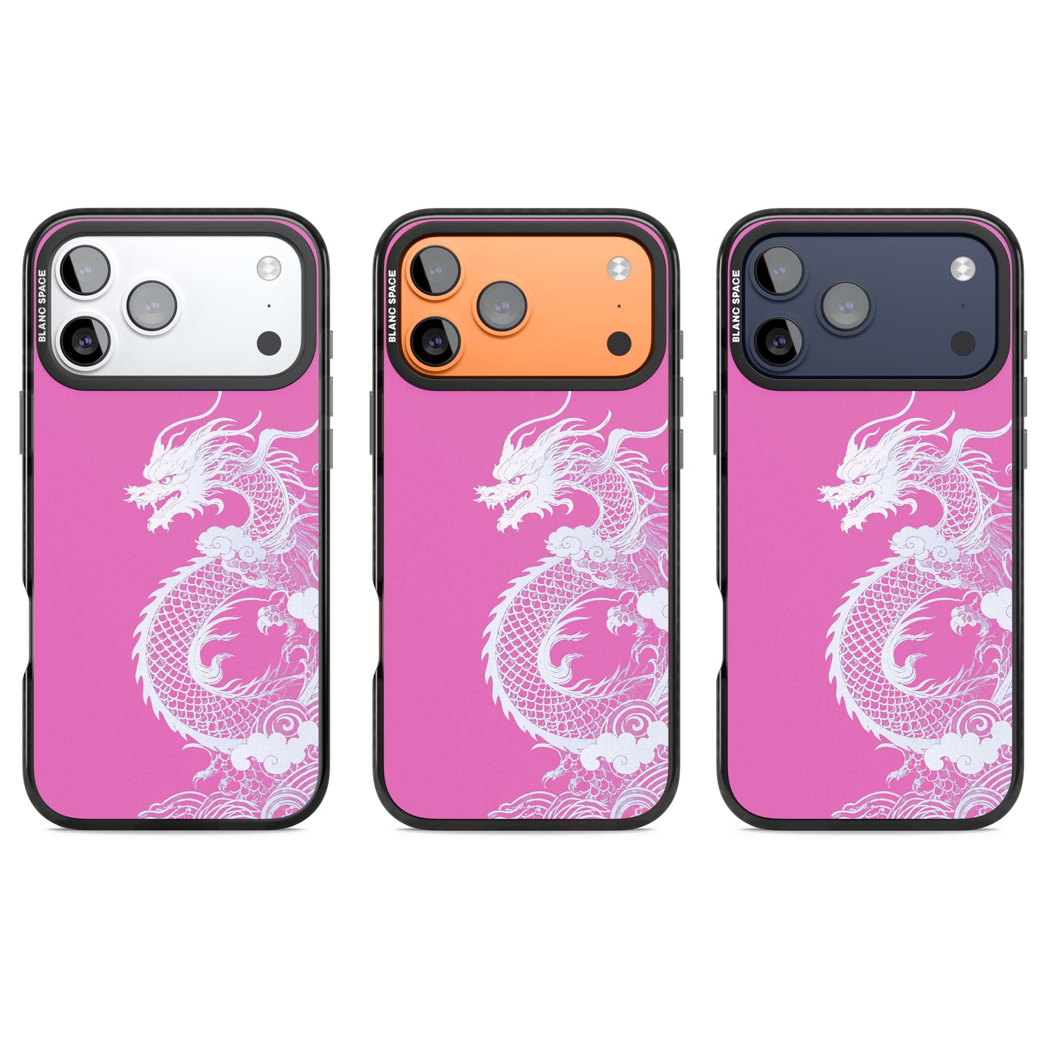 Pink Empress chinese dragon iPhone case featuring a white dragon, swirling clouds and pink dragon wallpaper backdrop | Black Impact Magsafe case for iPhone 17 Pro, iPhone 17 Pro Max
